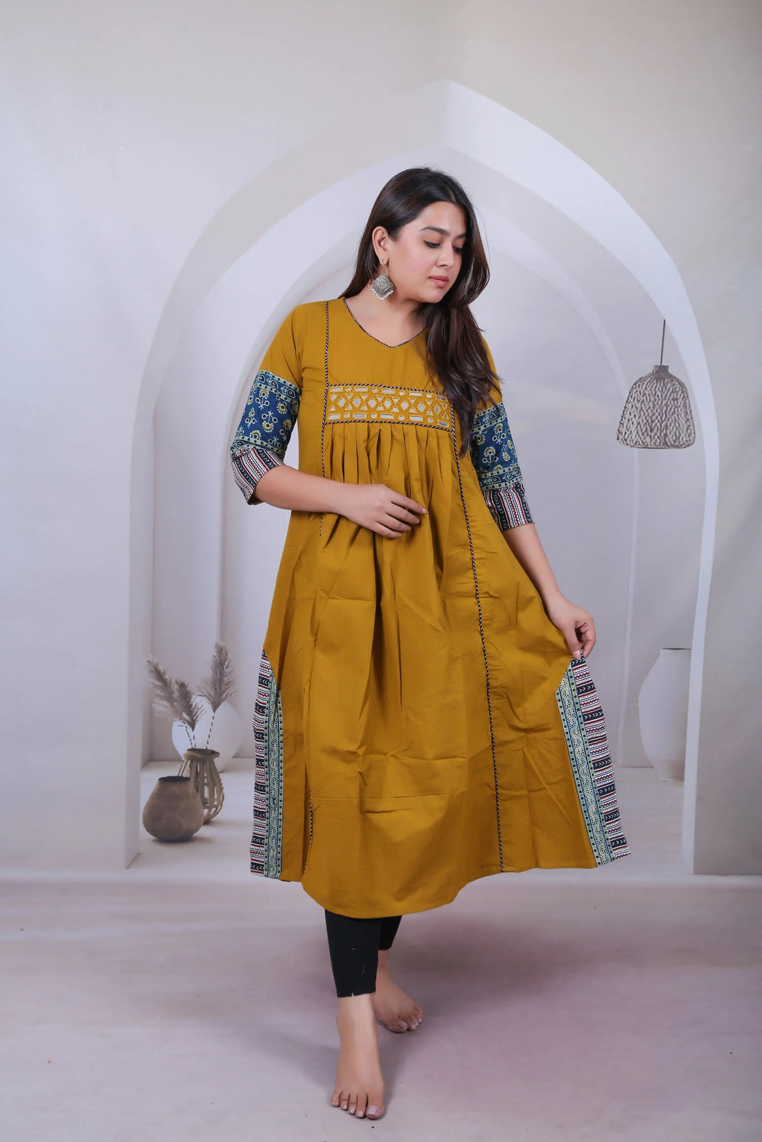Anvika Mustard Cotton Mirror One Piece Kurti RAKHIYO