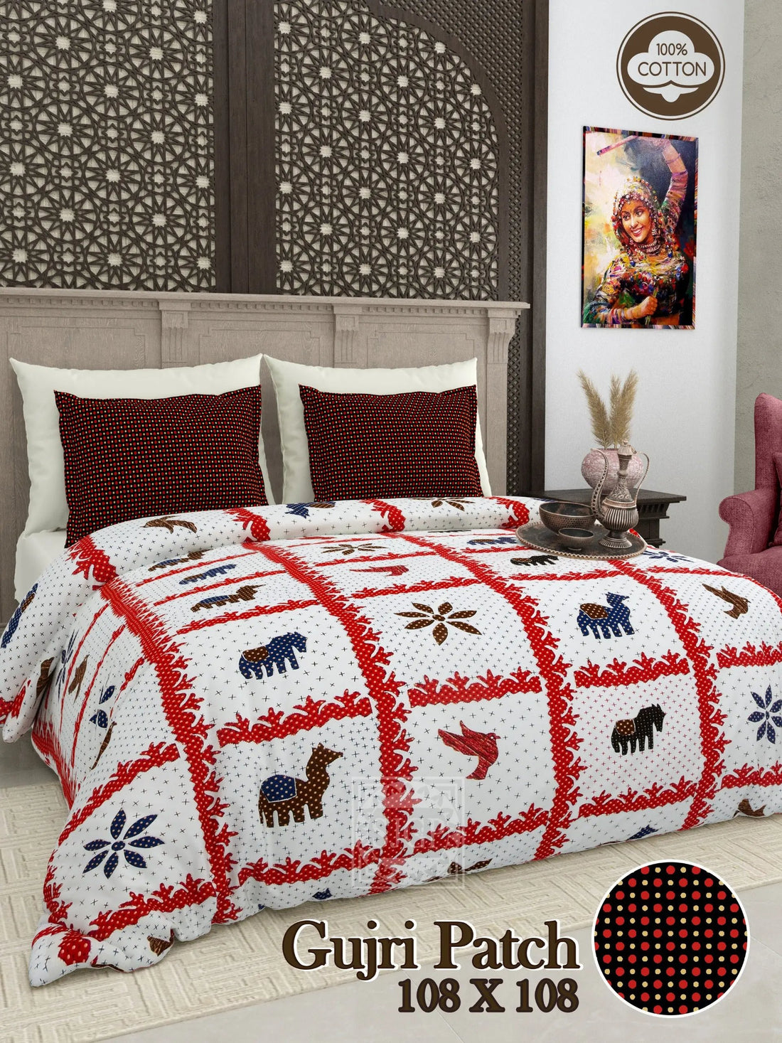 Animal & Flower Gujri Patch & Kantha Print Double Bedsheet RAKHIYO