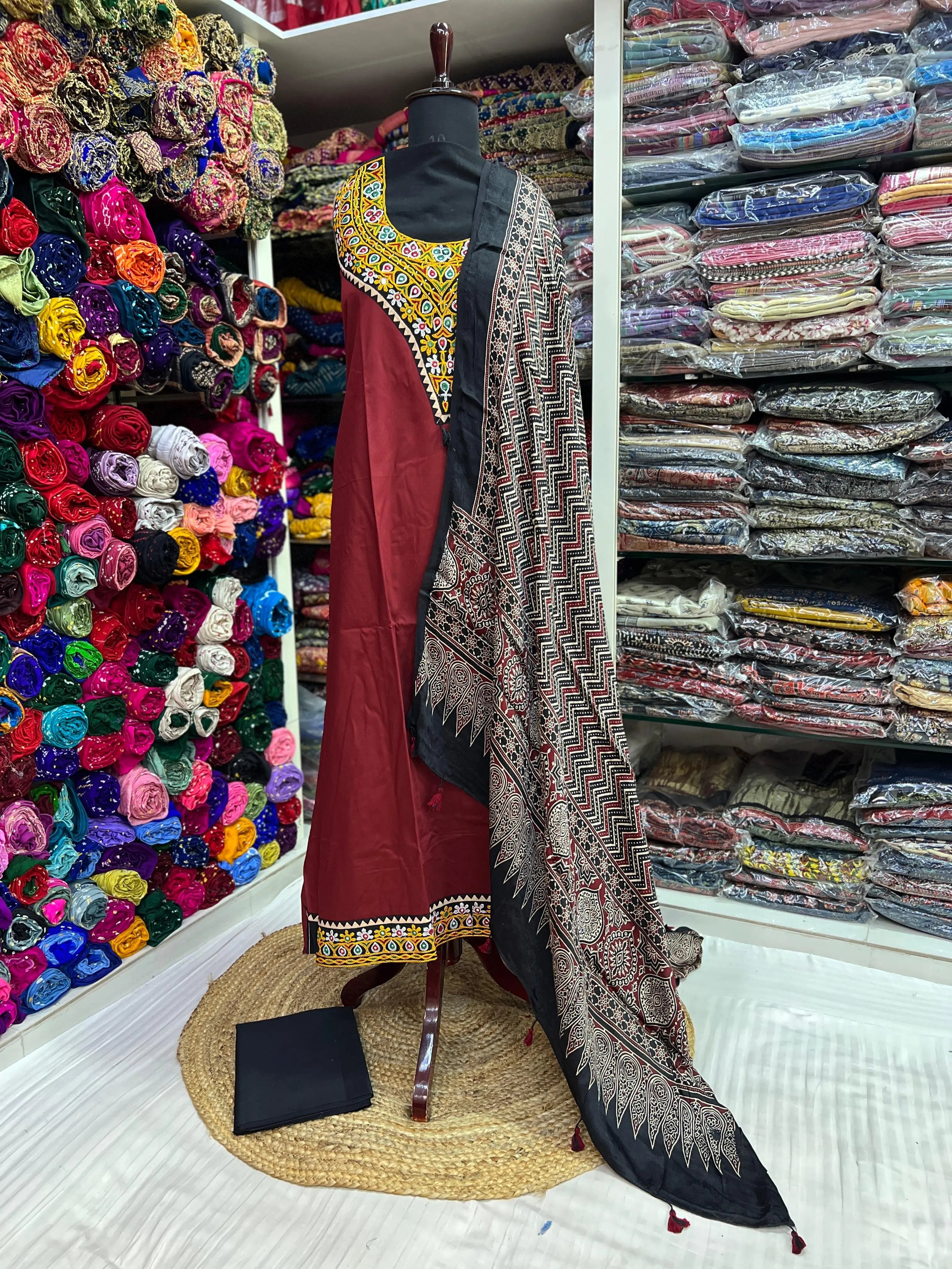 Maroon Kutchhi Handwork Ajarakh Suit Material RAKHIYO