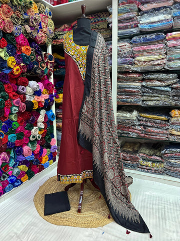 Maroon Kutchhi Handwork Ajarakh Suit Material RAKHIYO