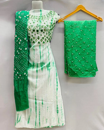 Paroot Green Bandhani Sibori Mirror Suit Material RAKHIYO