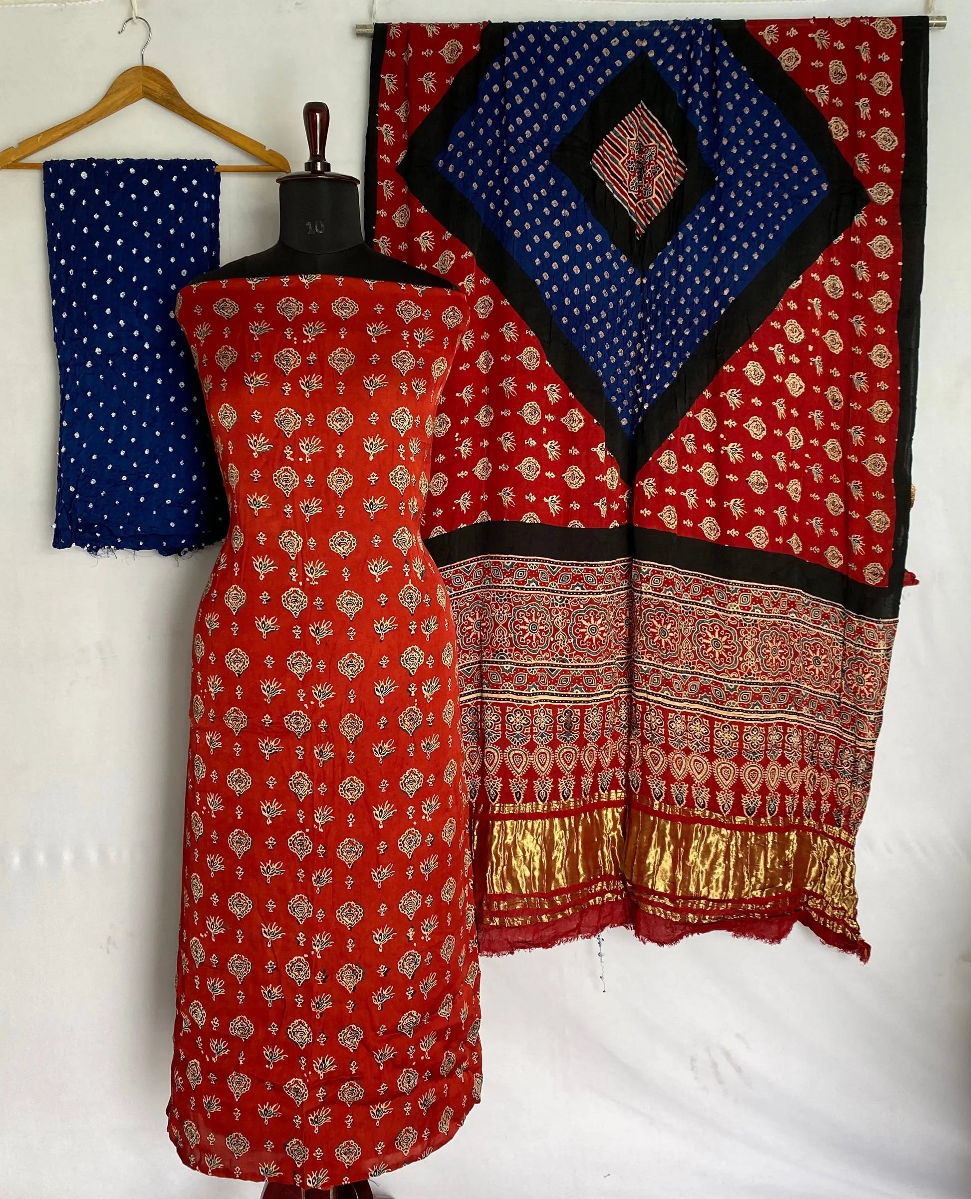 Maroon & Royal Blue Ajarakh Bandhani Modal Silk Suit Material RAKHIYO