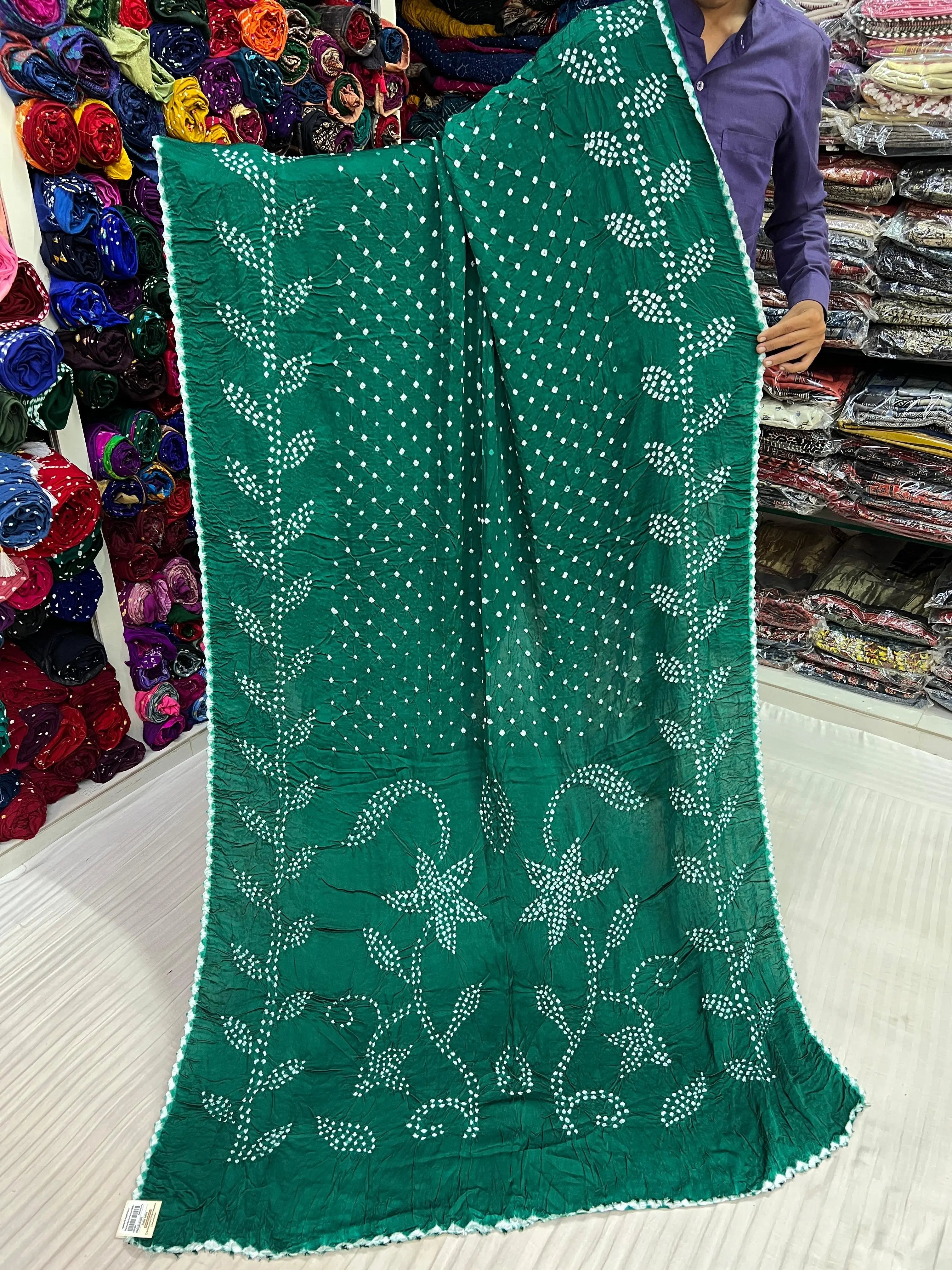 Bottle Green Leaf Design Rai Bandhej Modal Saree RAKHIYO