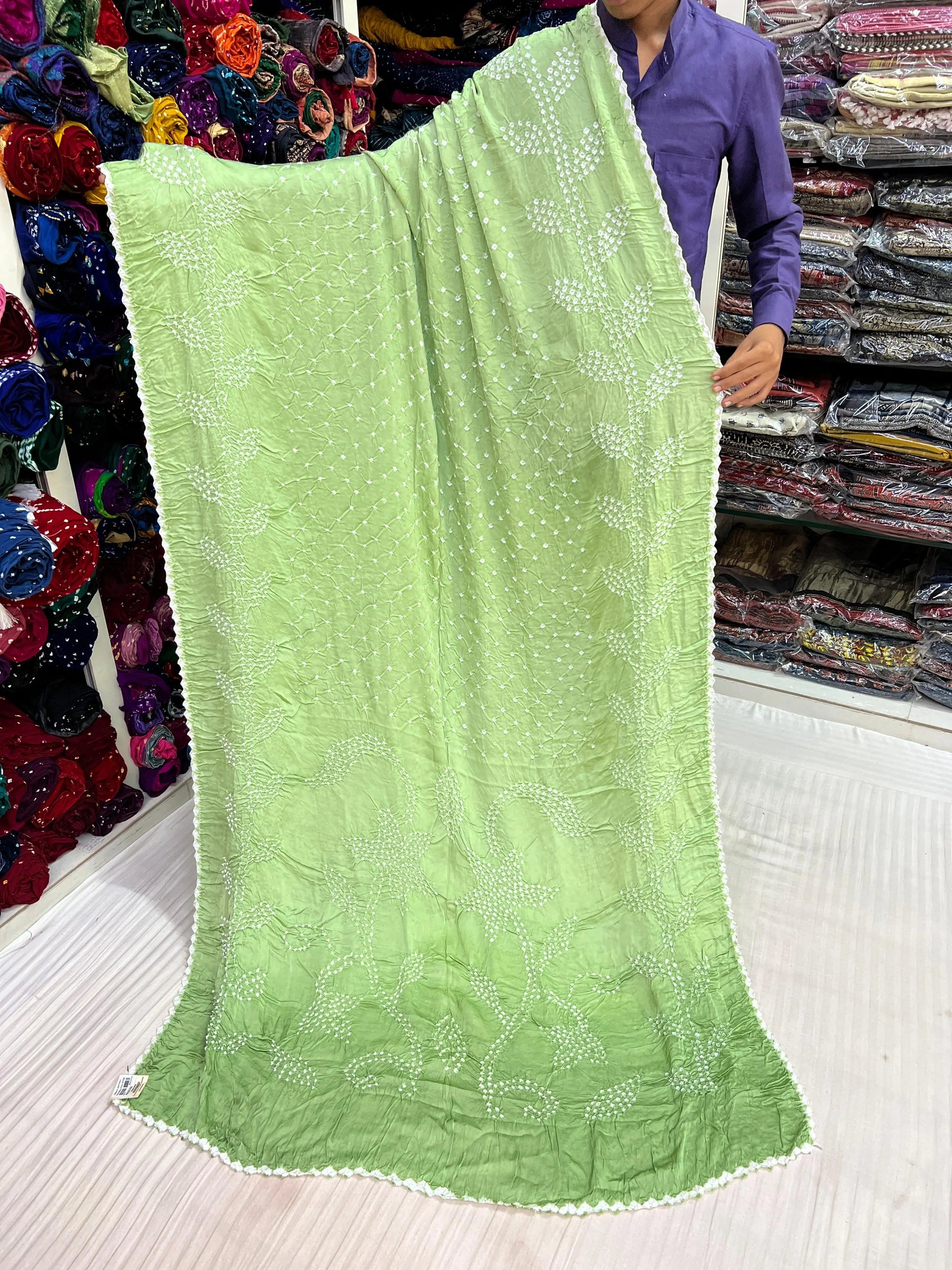 Pista Leaf Design Rai Bandhej Modal Saree RAKHIYO