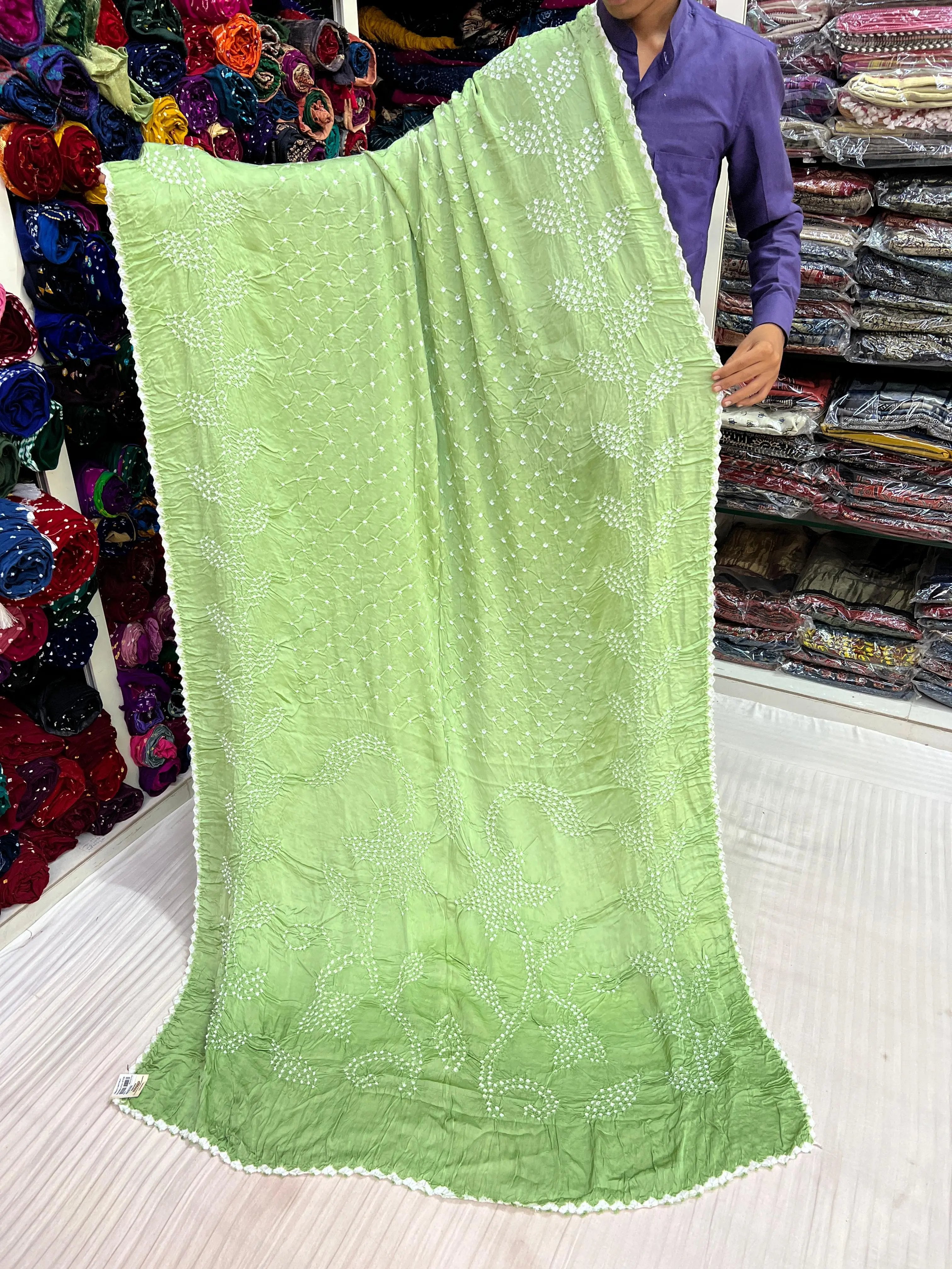 Pista Leaf Design Rai Bandhej Modal Saree RAKHIYO