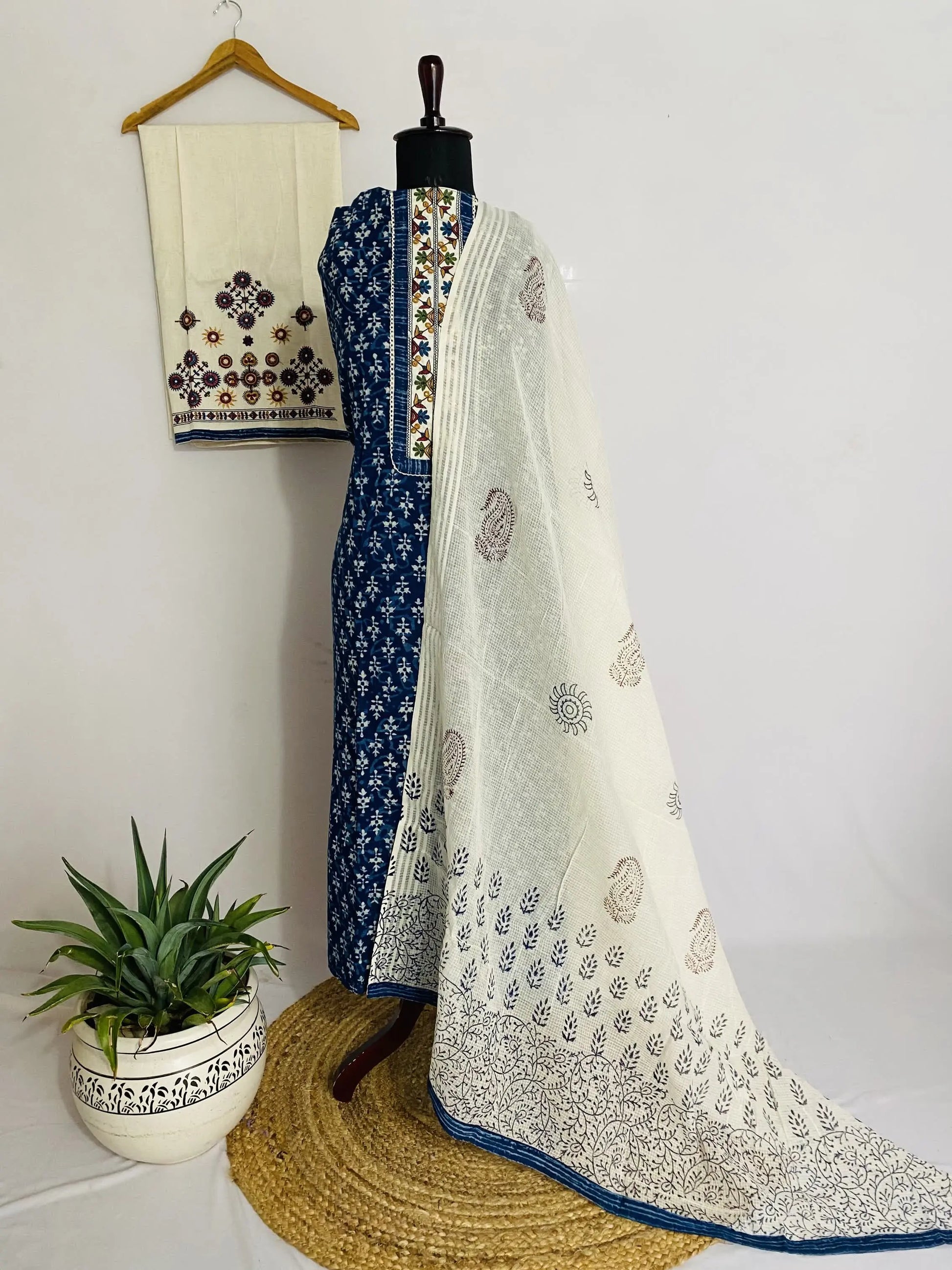 Indigo Embroidered Cotton Blockprint Suit Material RAKHIYO