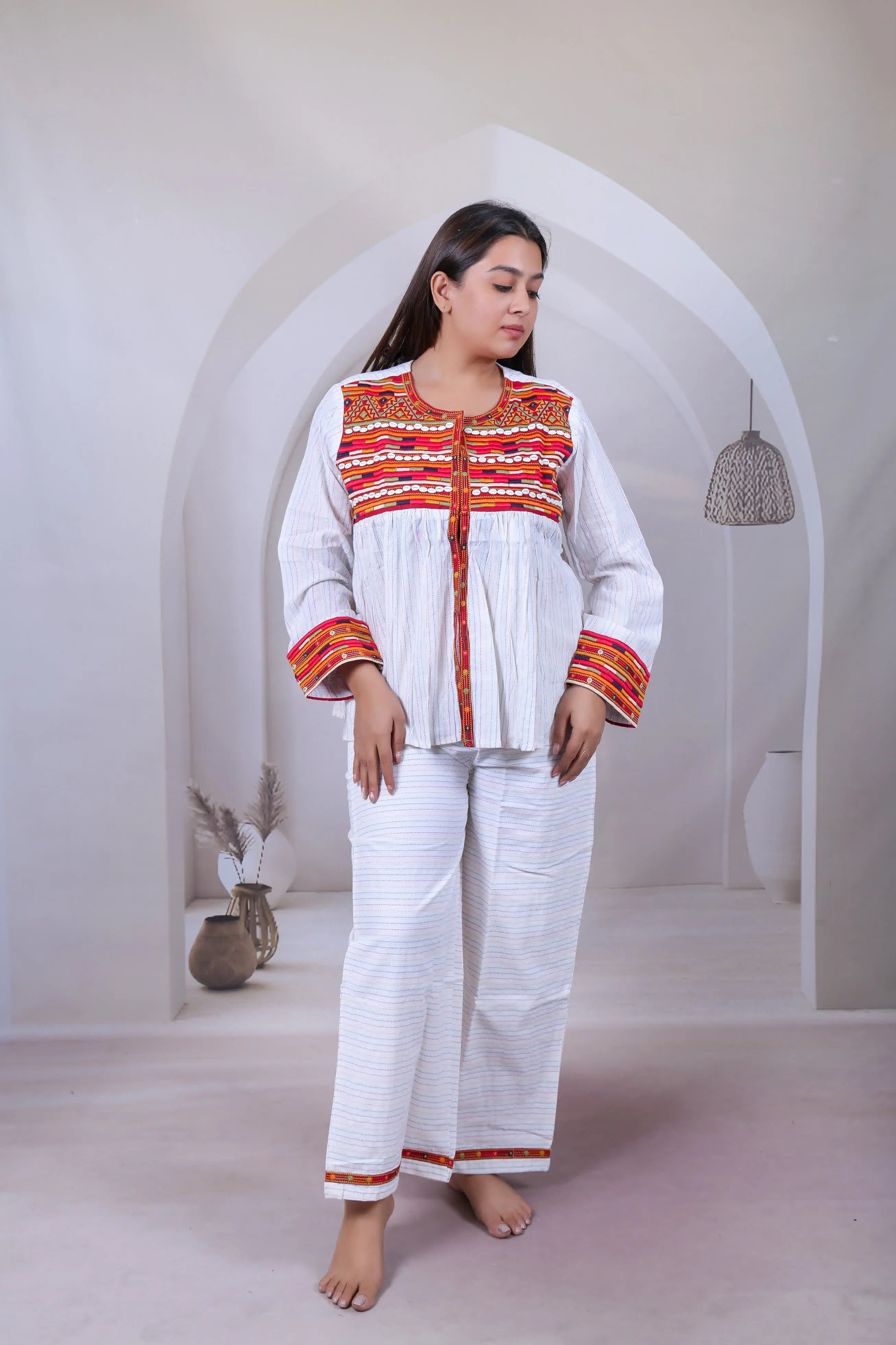 White Kantha Embroidered Jacket With Pant RAKHIYO