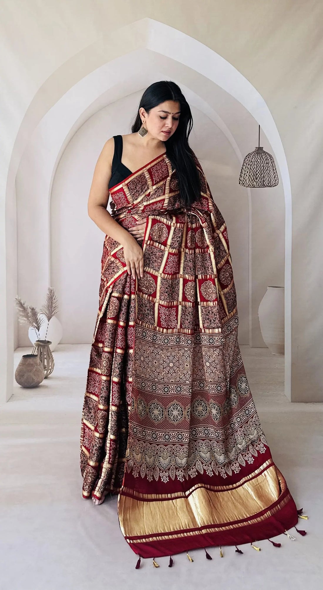 Maroon Ajarakh Garchola Modal Silk Saree RAKHIYO