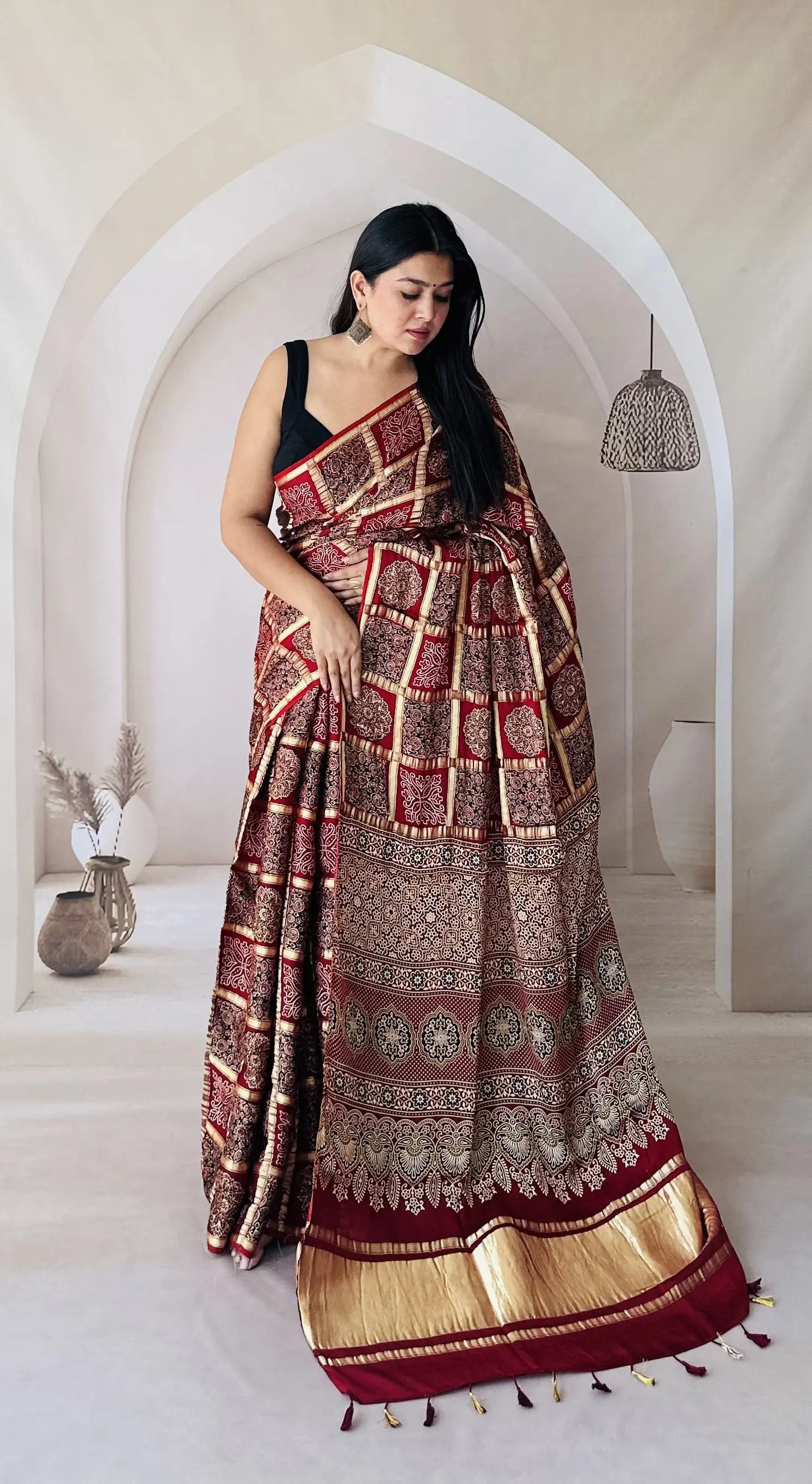 Maroon Ajarakh Garchola Modal Silk Saree RAKHIYO