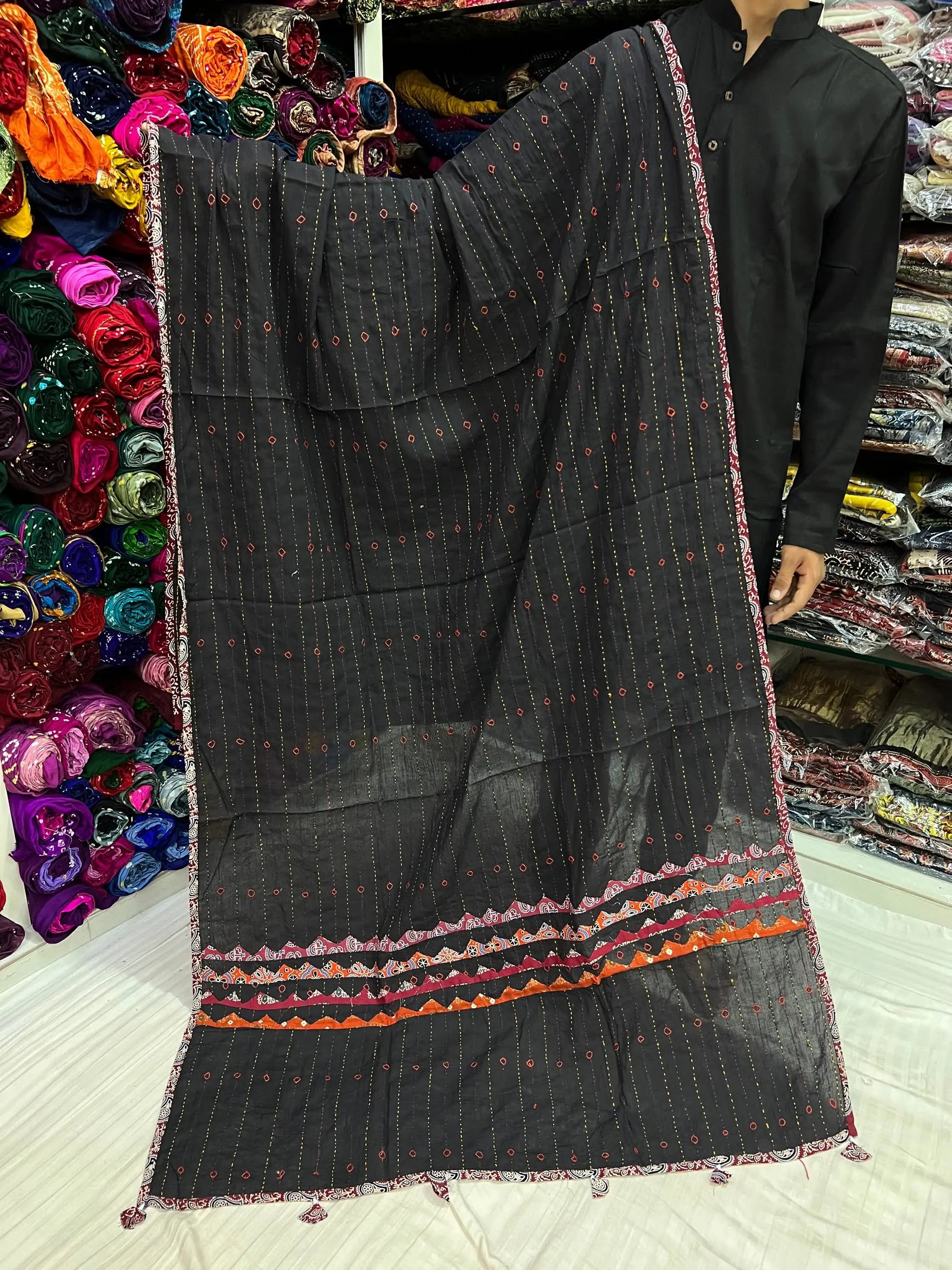 Black Kantha Cotton Dupatta RAKHIYO