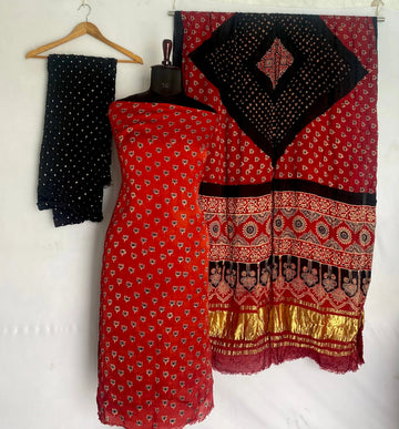 Maroon & Black Ajarakh Bandhani Modal Silk Suit Material RAKHIYO