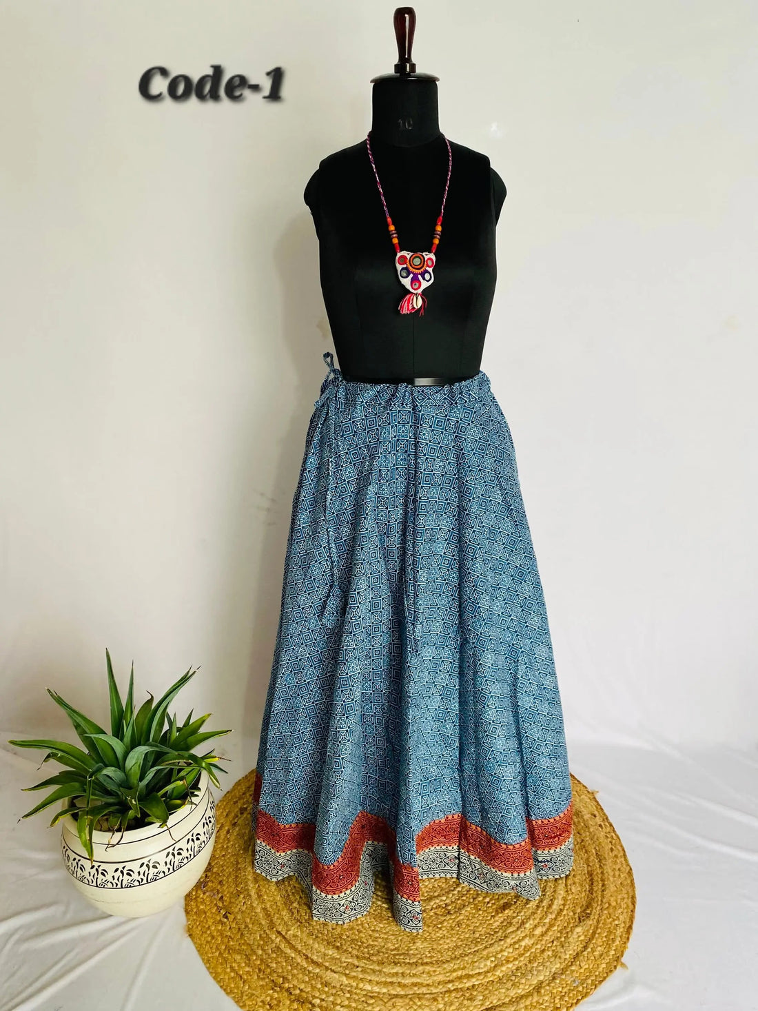 Indigo Blockprint Mirror Cotton Skirt RAKHIYO