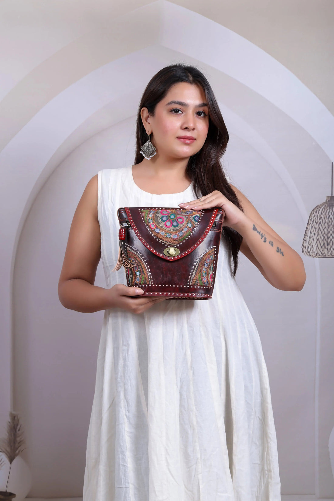 Brown Tri-Handwork Kutchhi Punching Bucket - The Sling RAKHIYO