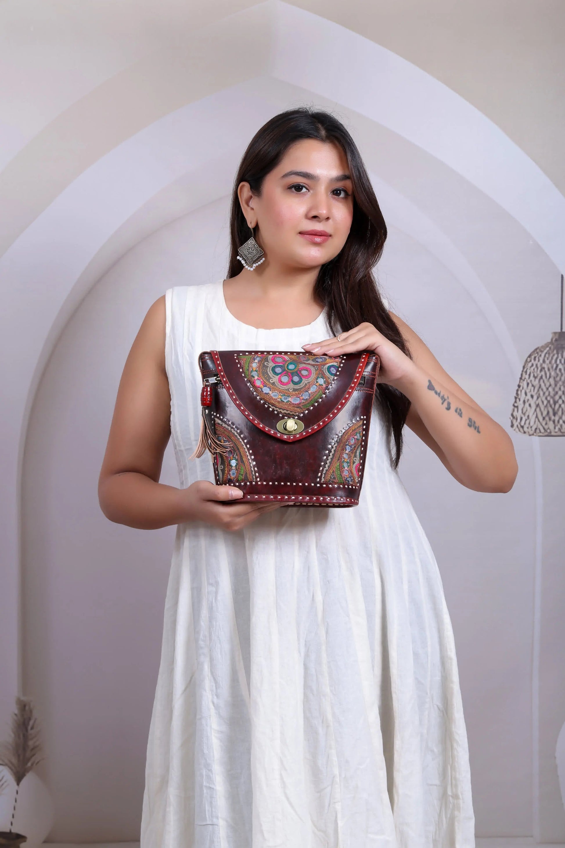 Brown Tri-Handwork Kutchhi Punching Bucket - The Sling RAKHIYO