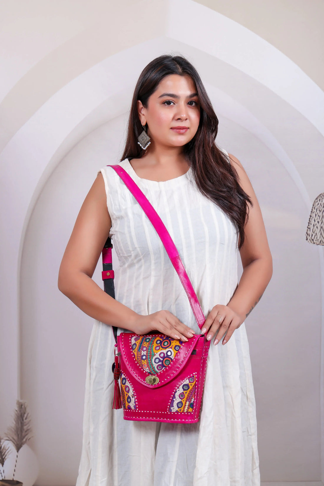 Pink Tri-Handwork Kutchhi Punching Bucket - The Sling RAKHIYO
