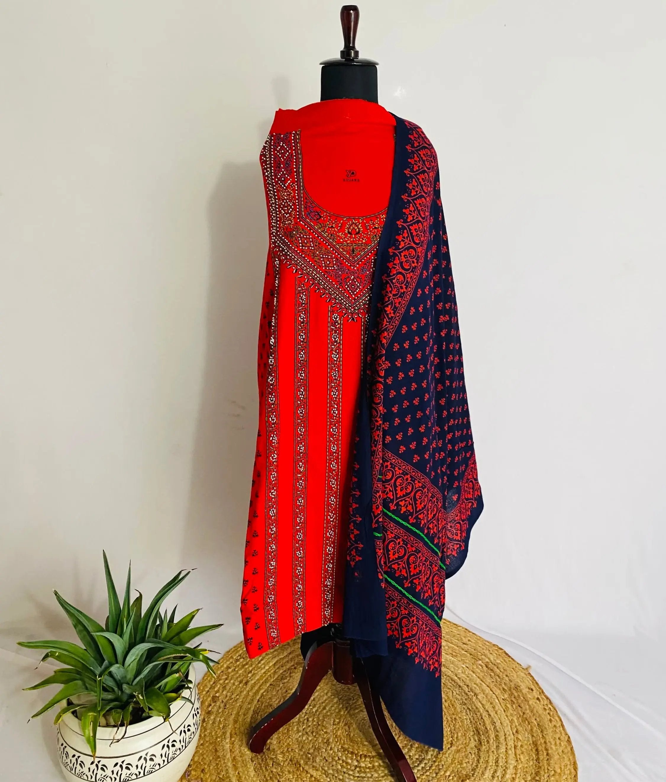 Orange Bead Work Blockprint Cotton Suit Material RAKHIYO