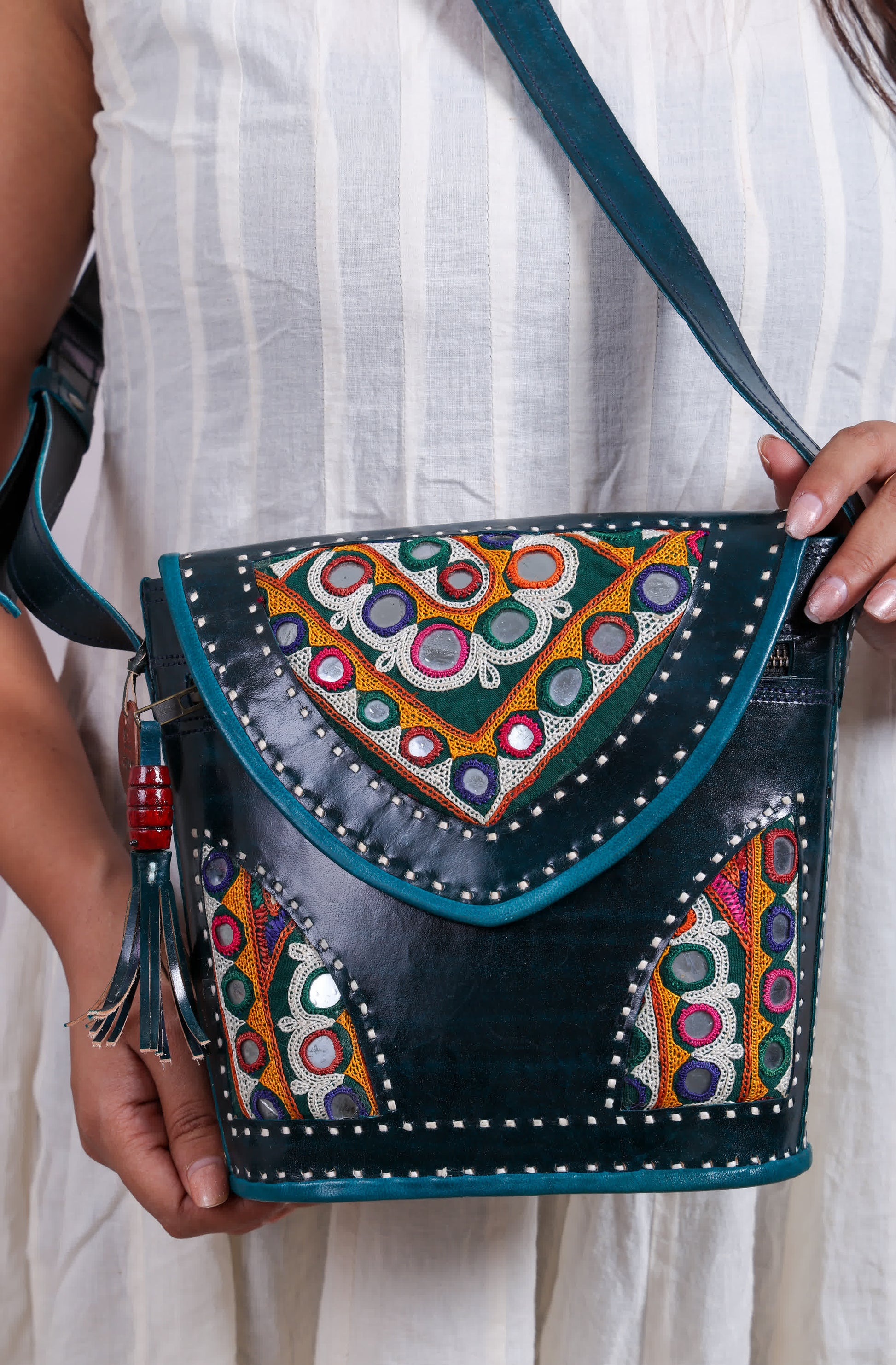 Sea Green Tri-Handwork Kutchhi Punching Bucket - The Sling RAKHIYO