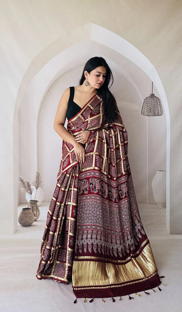 Magenta Ajarakh Garchola Modal Silk Saree RAKHIYO