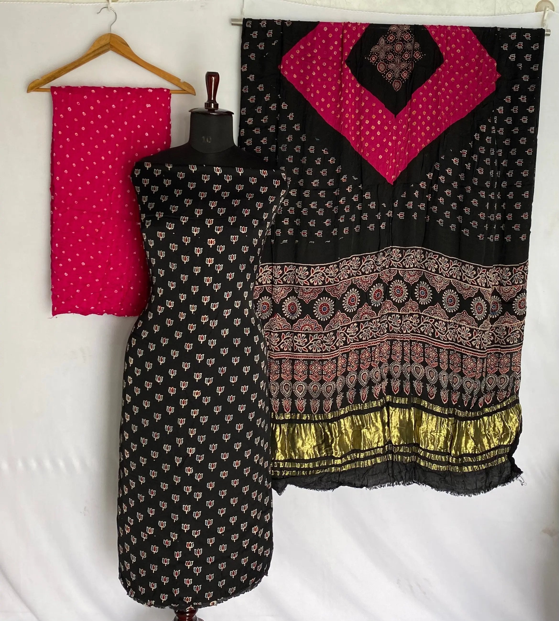 Black & Pink Ajarakh Bandhani Modal Silk Suit Material RAKHIYO