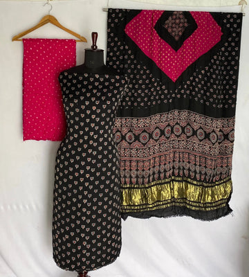 Black & Pink Ajarakh Bandhani Modal Silk Suit Material RAKHIYO