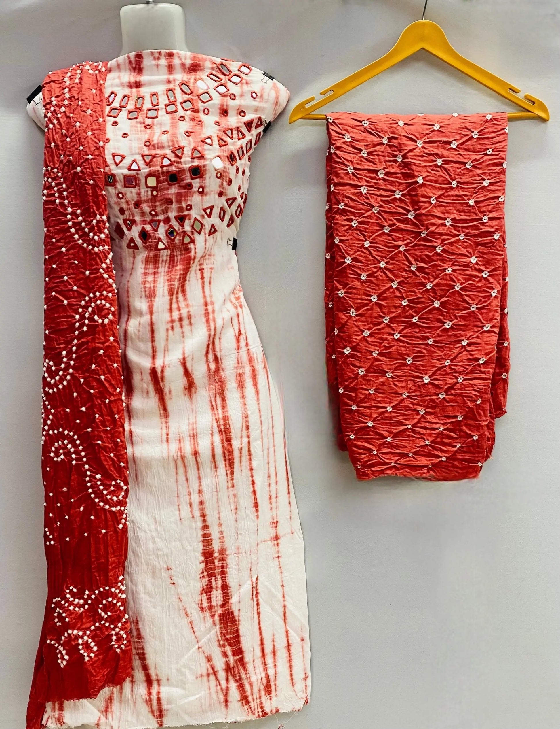 Peach Bandhani Sibori Mirror Suit Material RAKHIYO