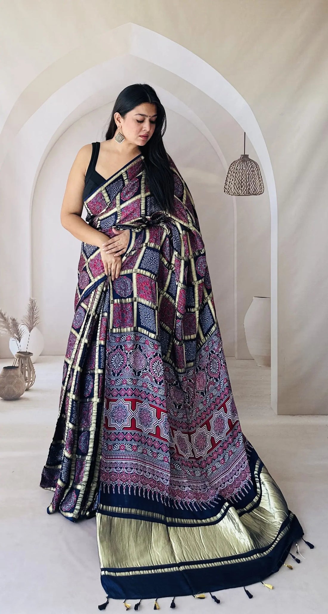 Navy Blue Ajarakh Garchola Modal Silk Saree RAKHIYO