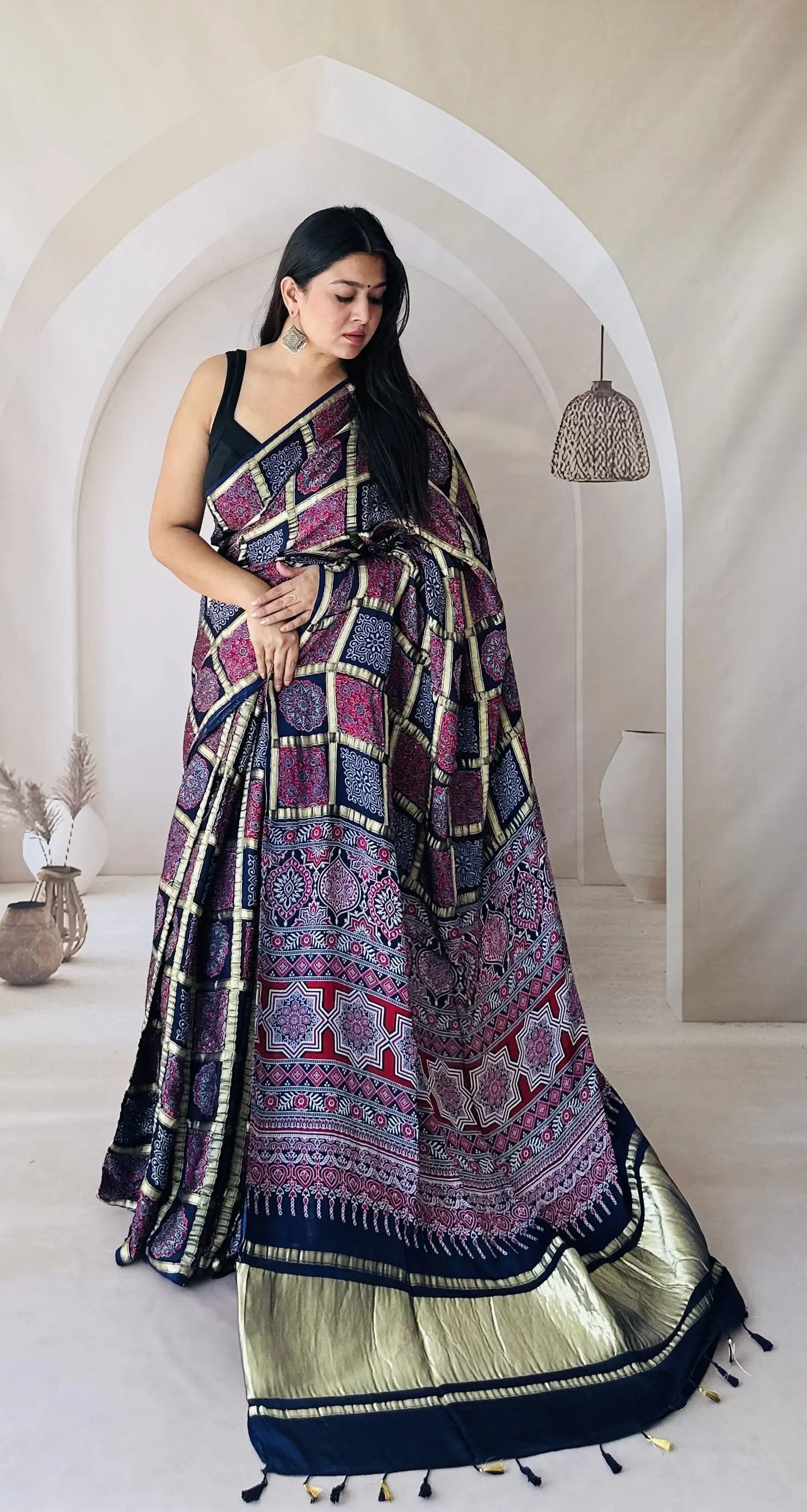 Navy Blue Ajarakh Garchola Modal Silk Saree RAKHIYO
