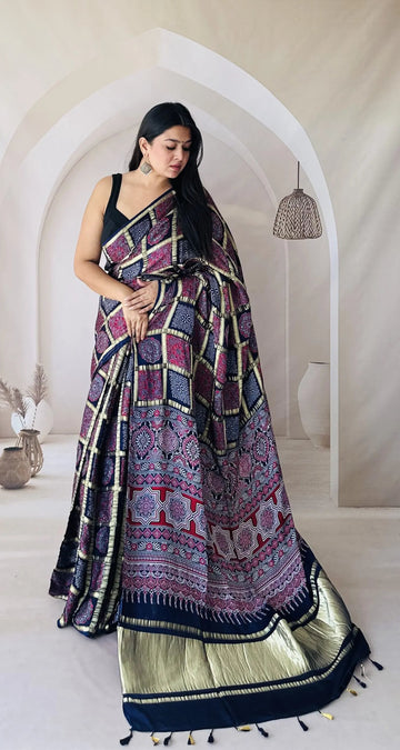 Navy Blue Ajarakh Garchola Modal Silk Saree RAKHIYO