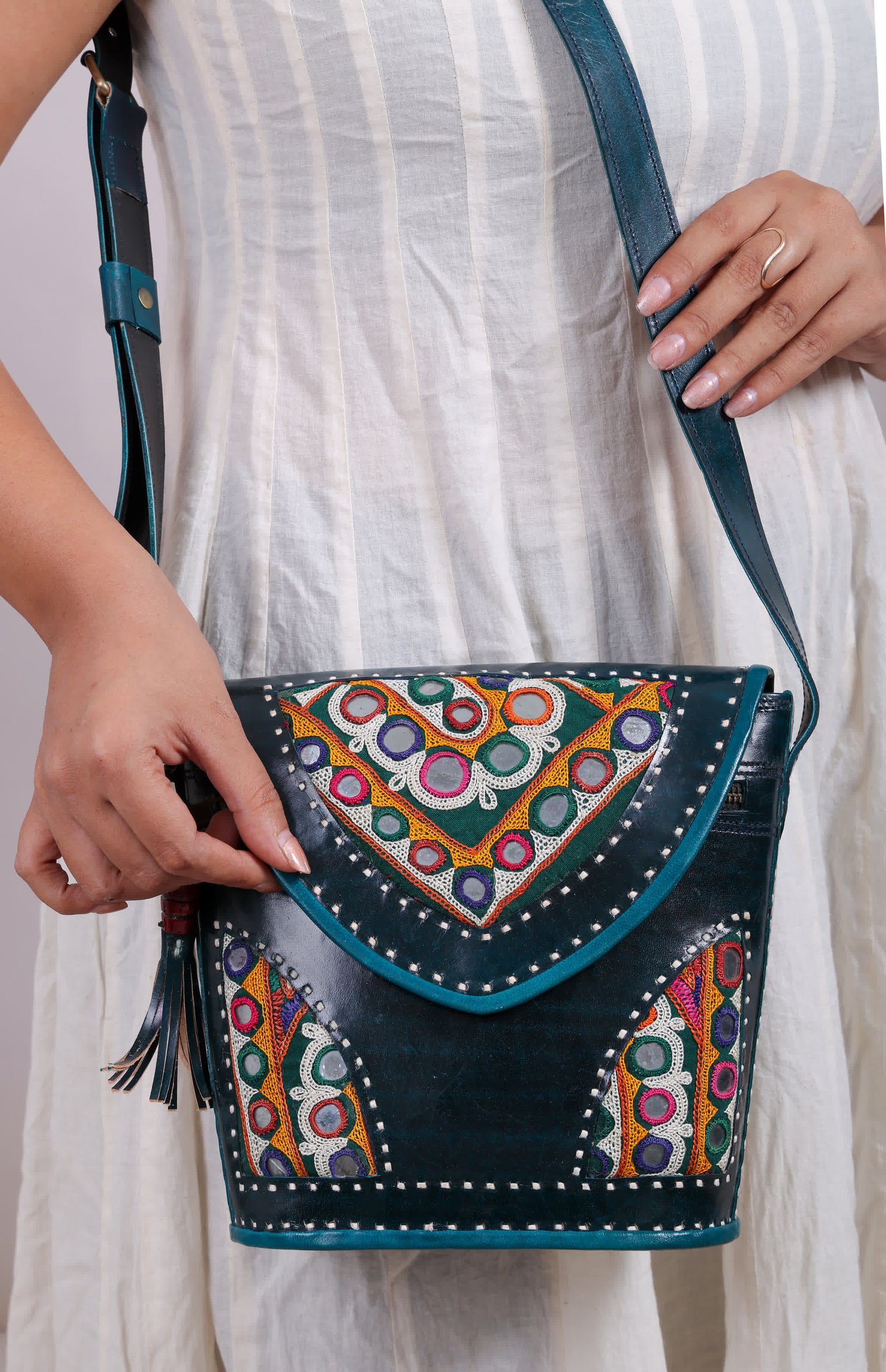 Sea Green Tri-Handwork Kutchhi Punching Bucket - The Sling RAKHIYO