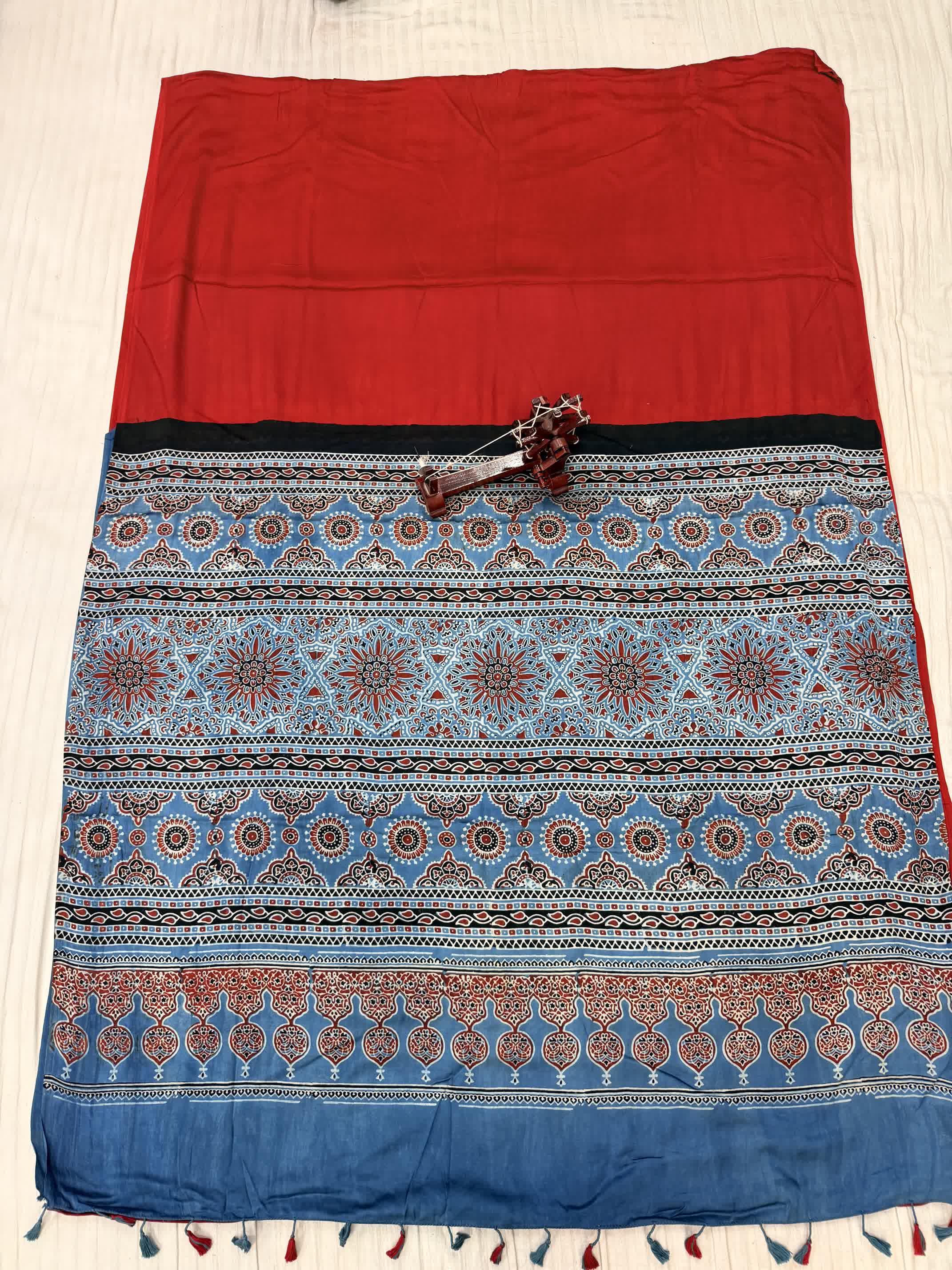 Red Ajarakh Palla Plain Modal Saree RAKHIYO