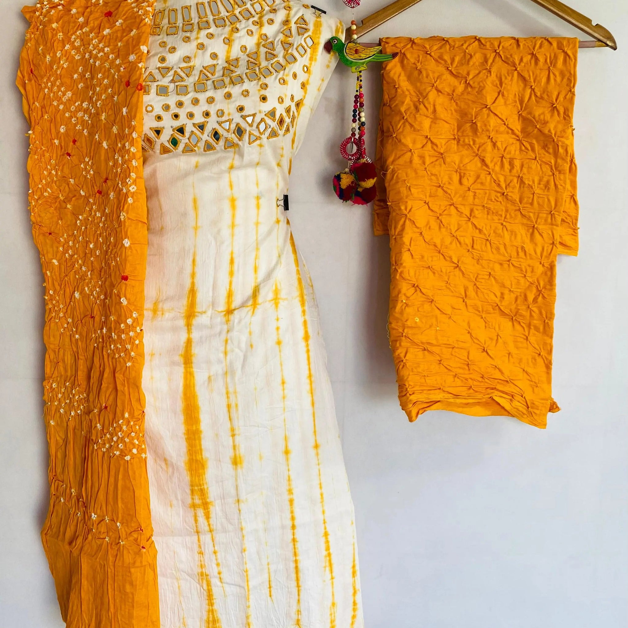 Yellow Bandhani Sibori Mirror Suit Material RAKHIYO
