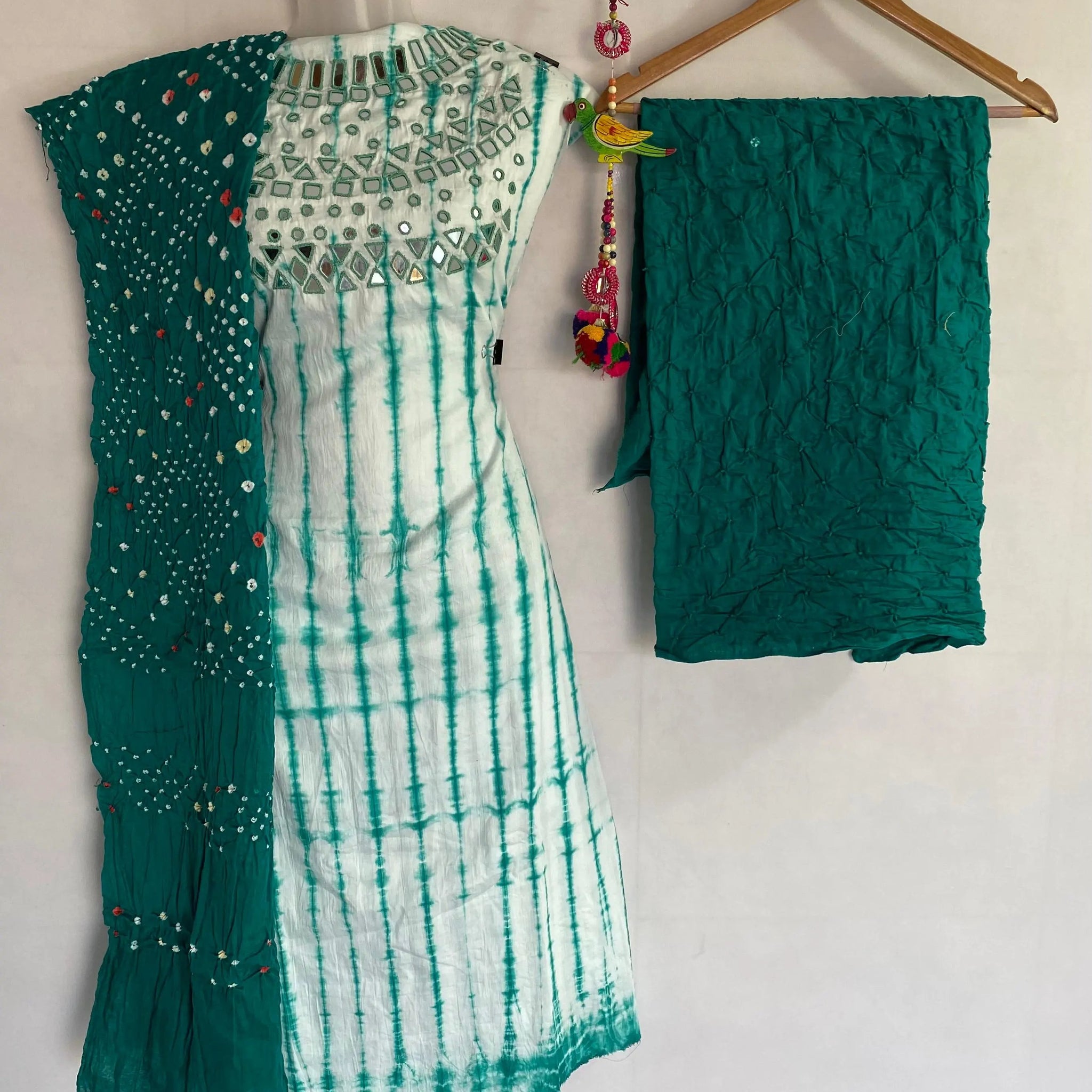 Sea Green Bandhani Sibori Mirror Suit Material RAKHIYO