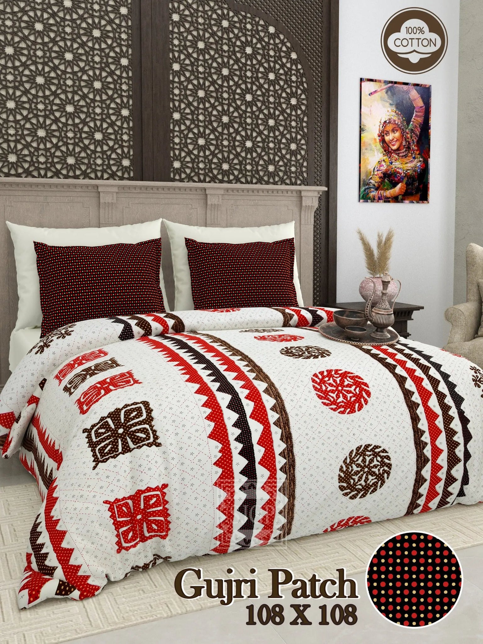 Chakor Gujri Patch & Kantha Print Double Bedsheet RAKHIYO