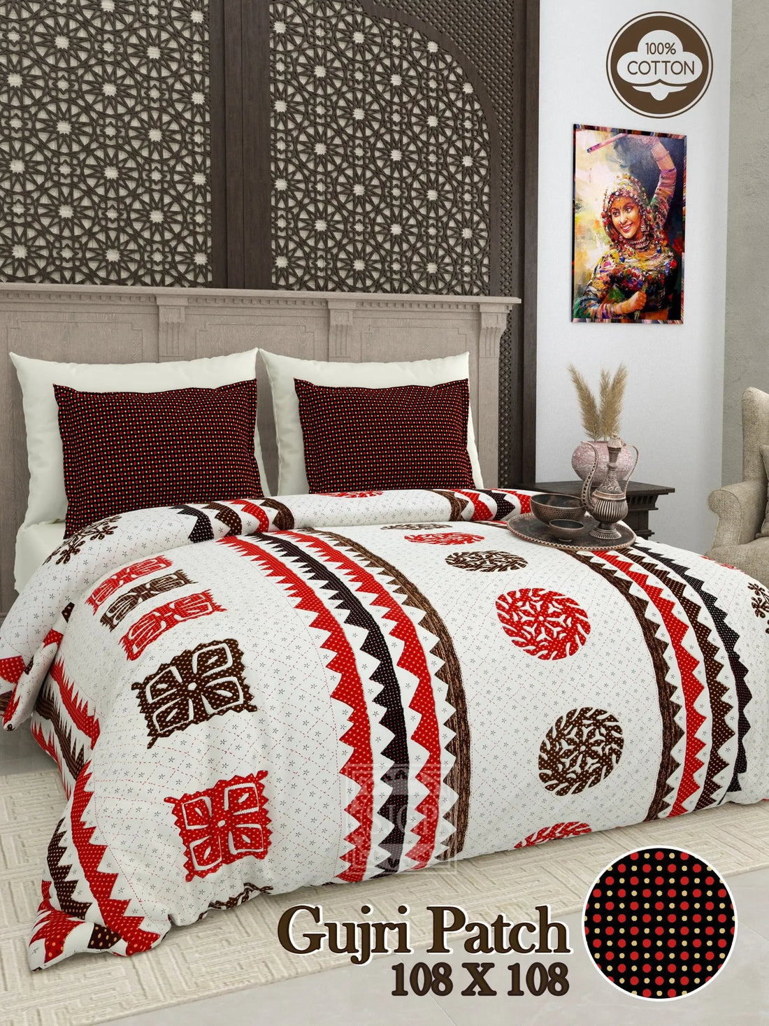 Chakor Gujri Patch & Kantha Print Double Bedsheet RAKHIYO