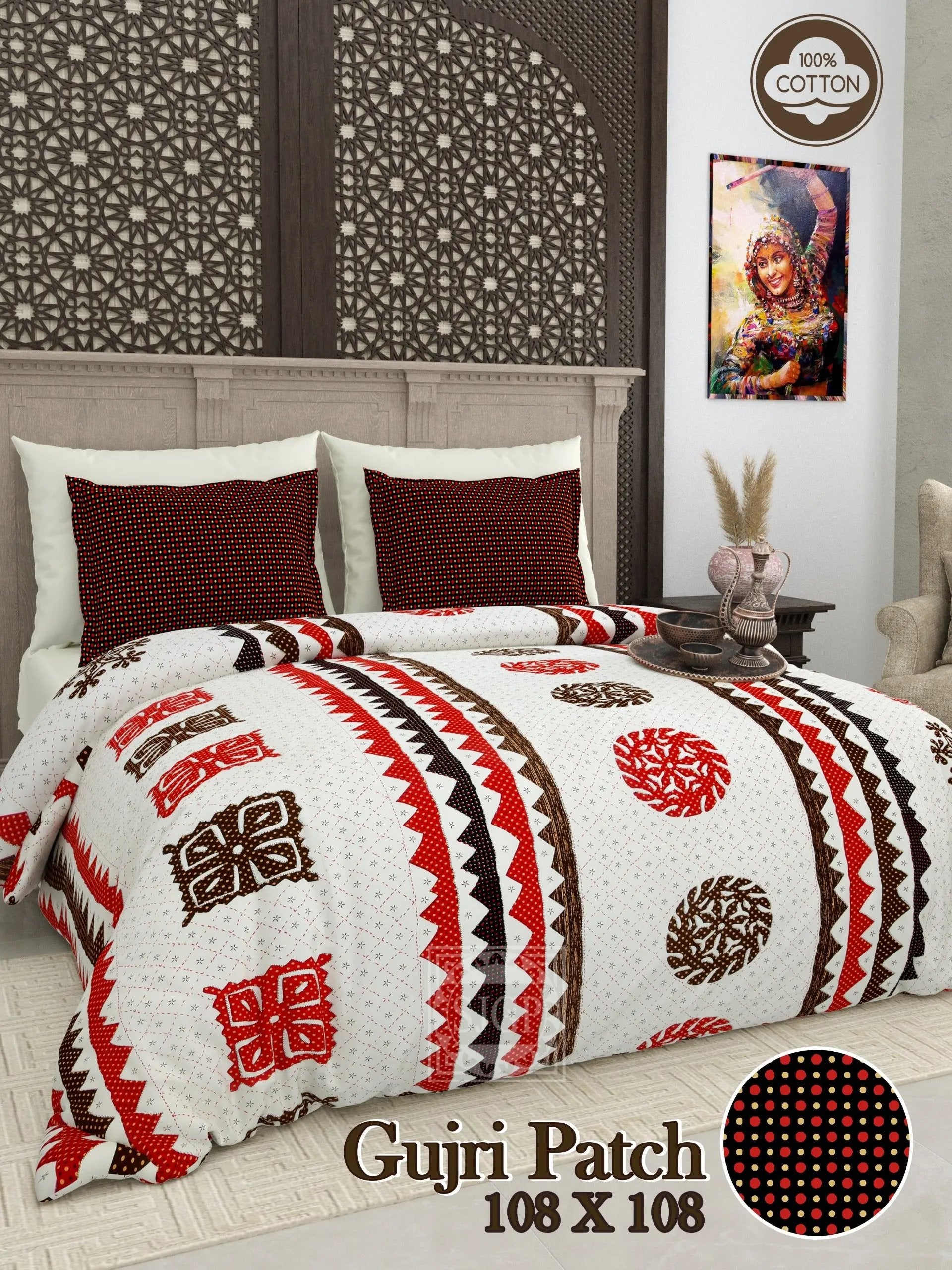 Chakor Gujri Patch & Kantha Print Double Bedsheet RAKHIYO
