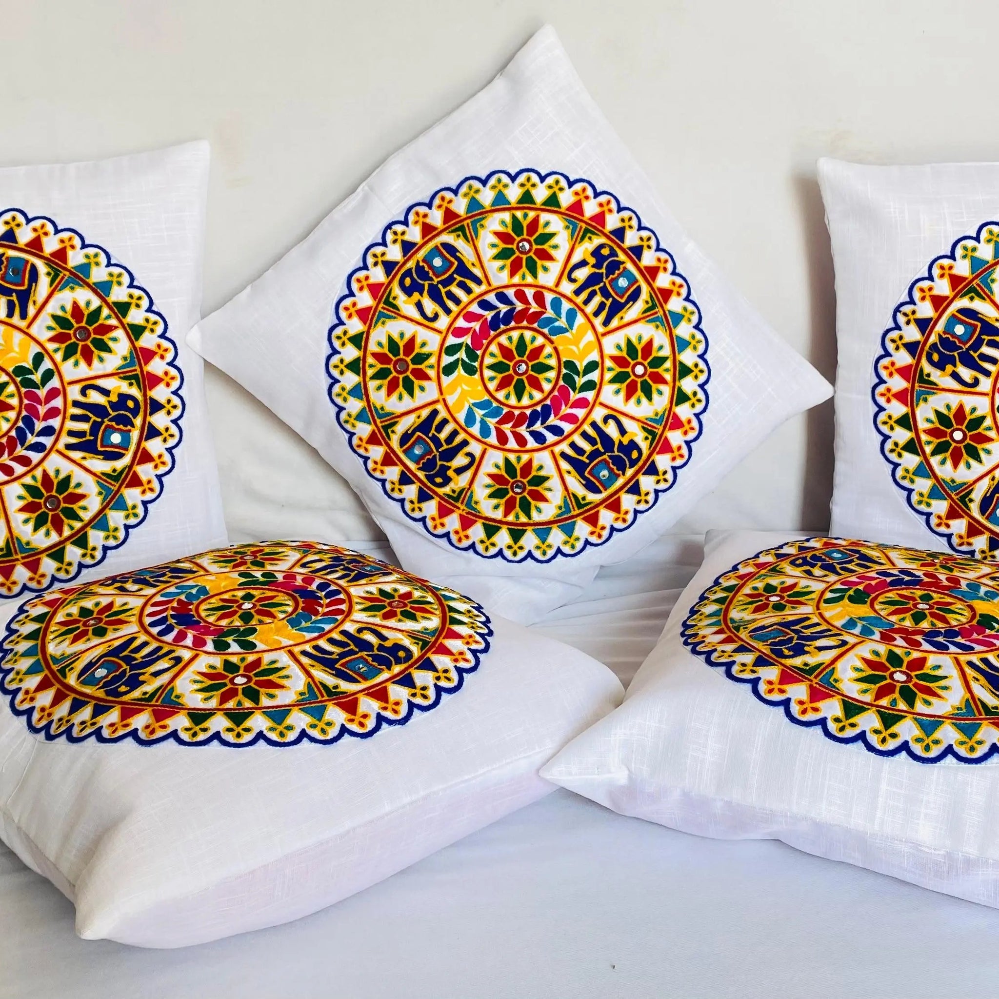 White Round Kutchhi Embroidered Cushion Cover RAKHIYO