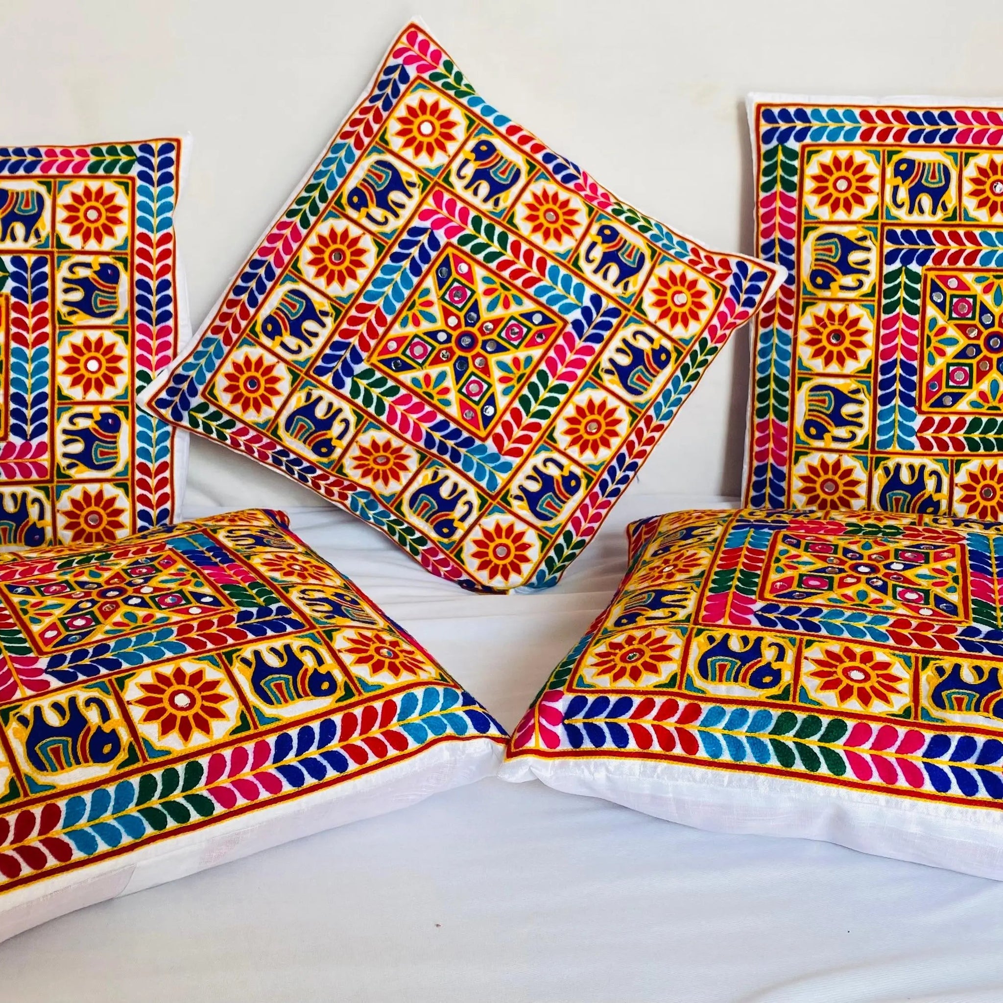 White Square Kutchhi Embroidered Cushion Cover RAKHIYO