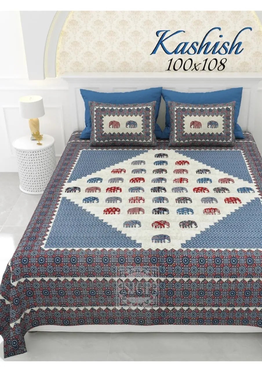 Blue Elephant Patchwork Print Double-Bedsheet RAKHIYO