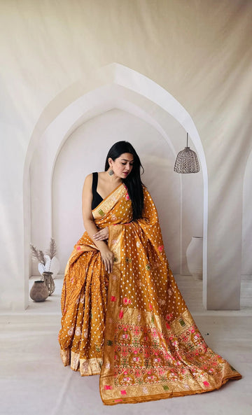 Mustard Patola-Bandhani Dupian Silk Saree RAKHIYO