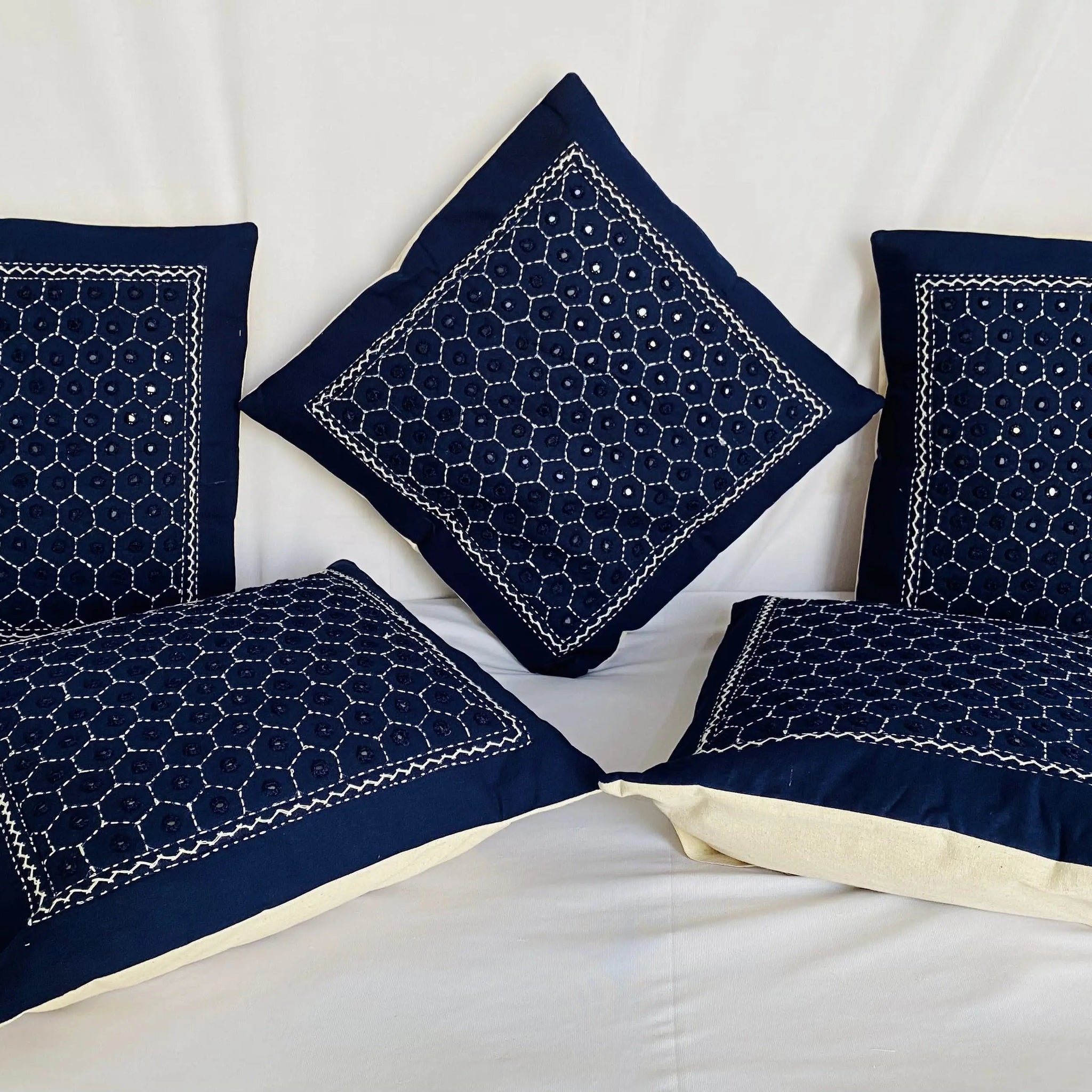Blue Cotton Mirrorwork Cushion Cover RAKHIYO