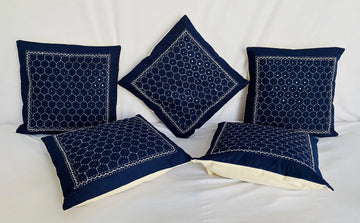 Blue Cotton Mirrorwork Cushion Cover RAKHIYO