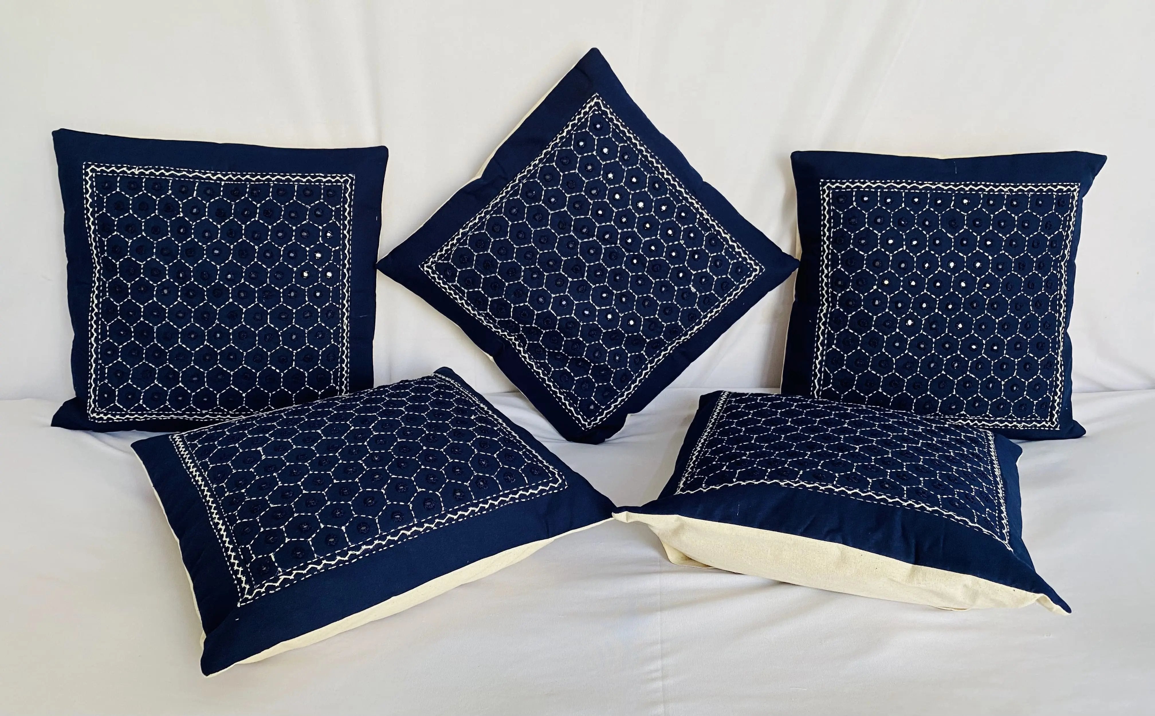 Blue Cotton Mirrorwork Cushion Cover RAKHIYO