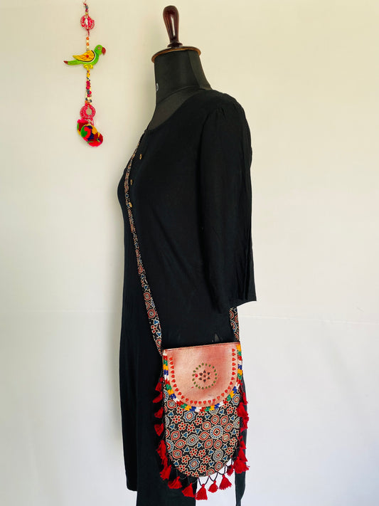 Ajarakh Leather Tassels Sling Bag