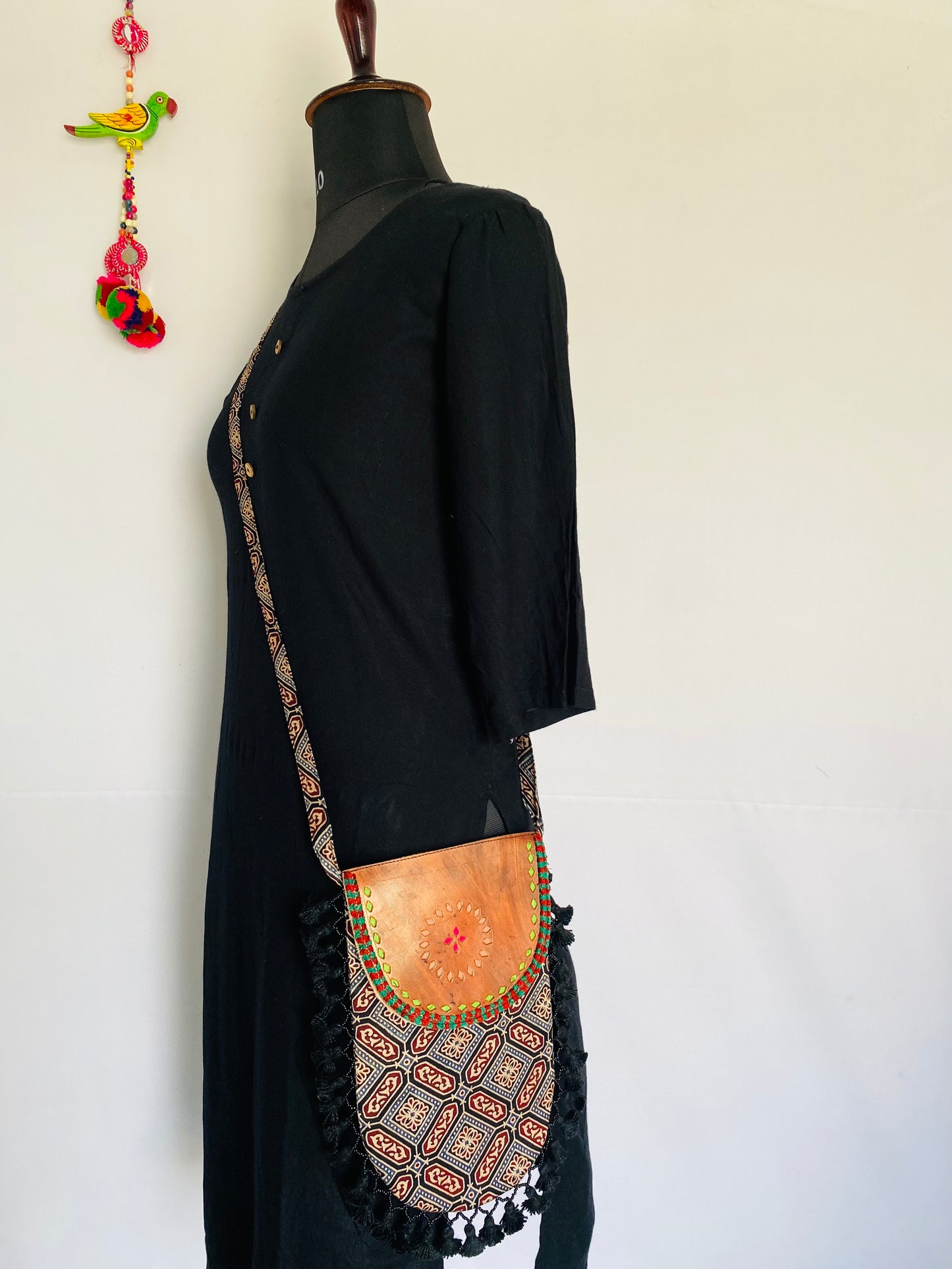 Ajarakh Leather Tassels Sling Bag