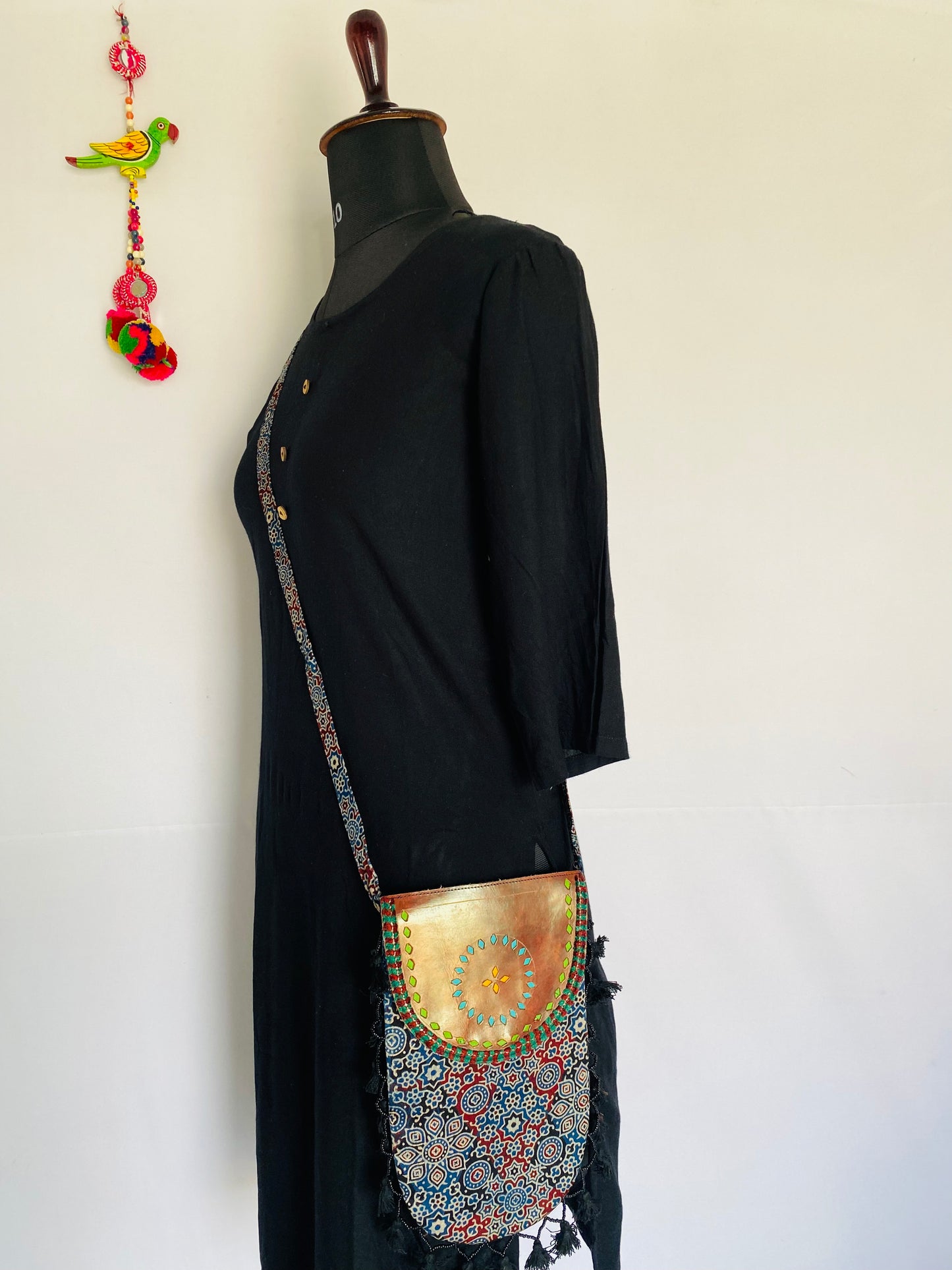 Ajarakh Leather Tassels Sling Bag
