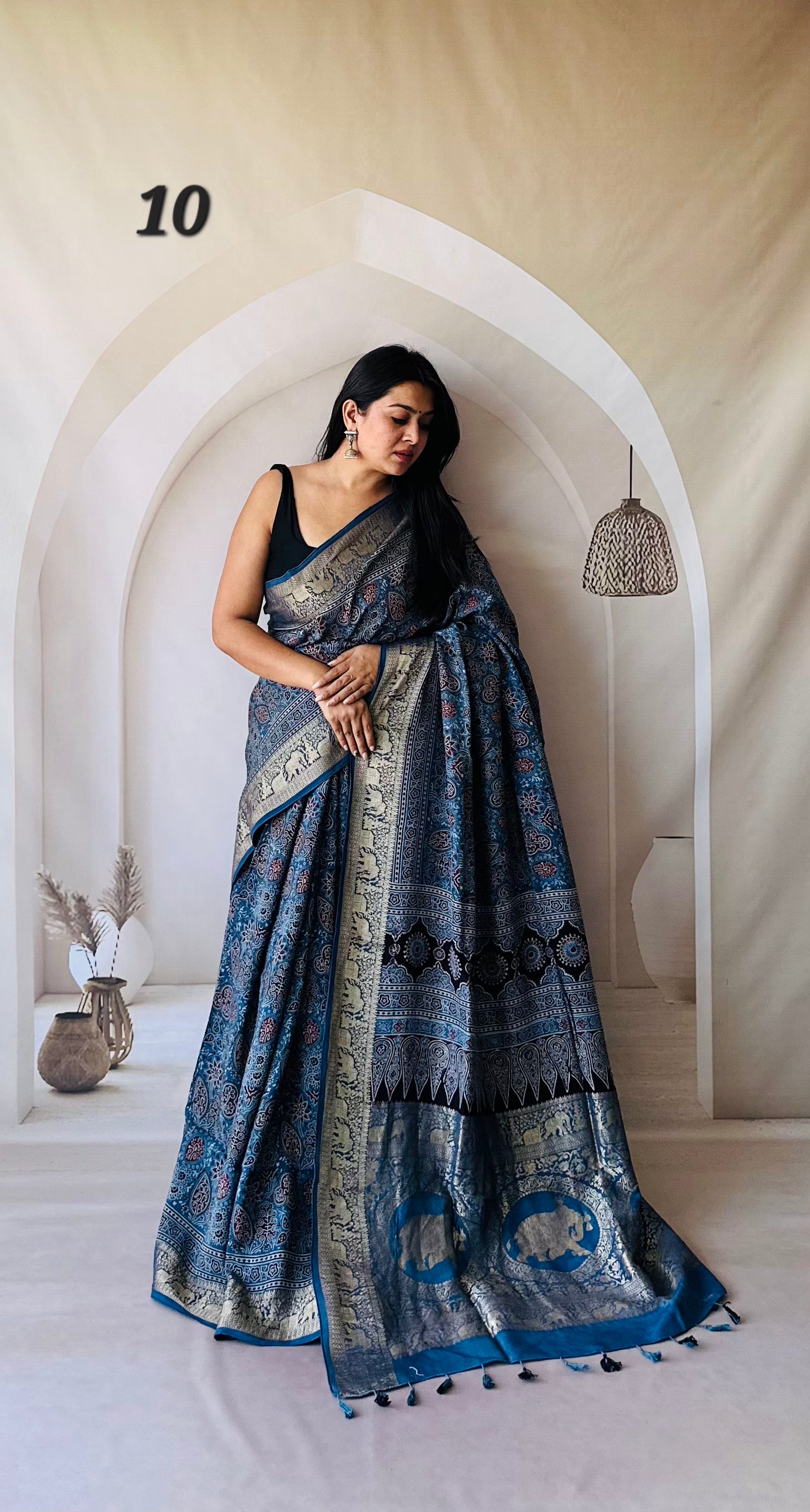 Elephant Ajarakh Nakshi Jari Saree