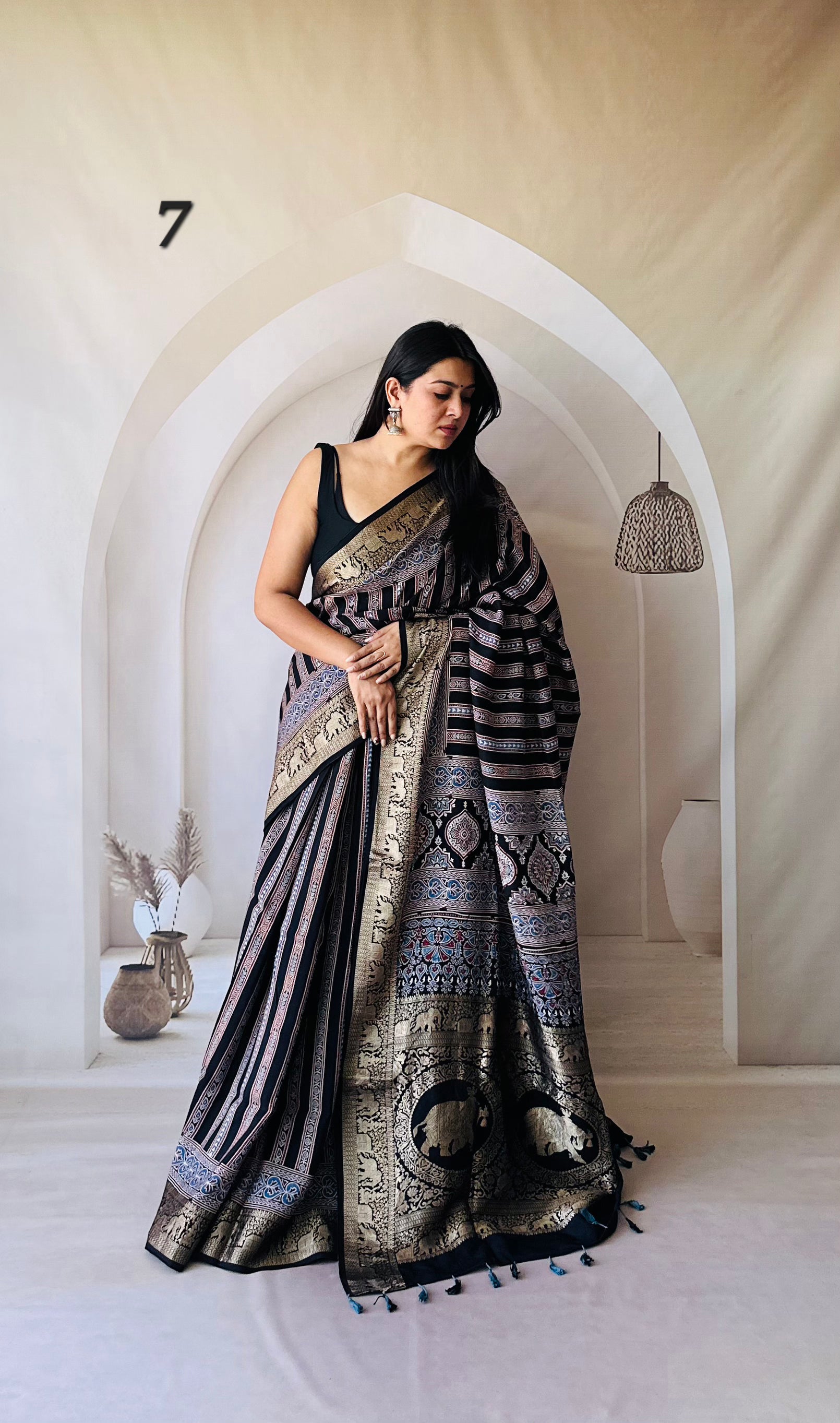 Elephant Ajarakh Nakshi Jari Saree