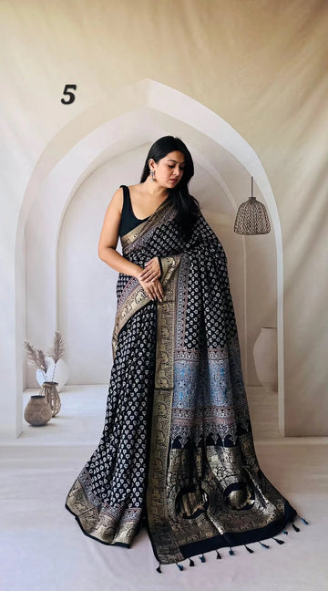 Elephant Ajarakh Nakshi Jari Crepe Silk Saree RAKHIYO