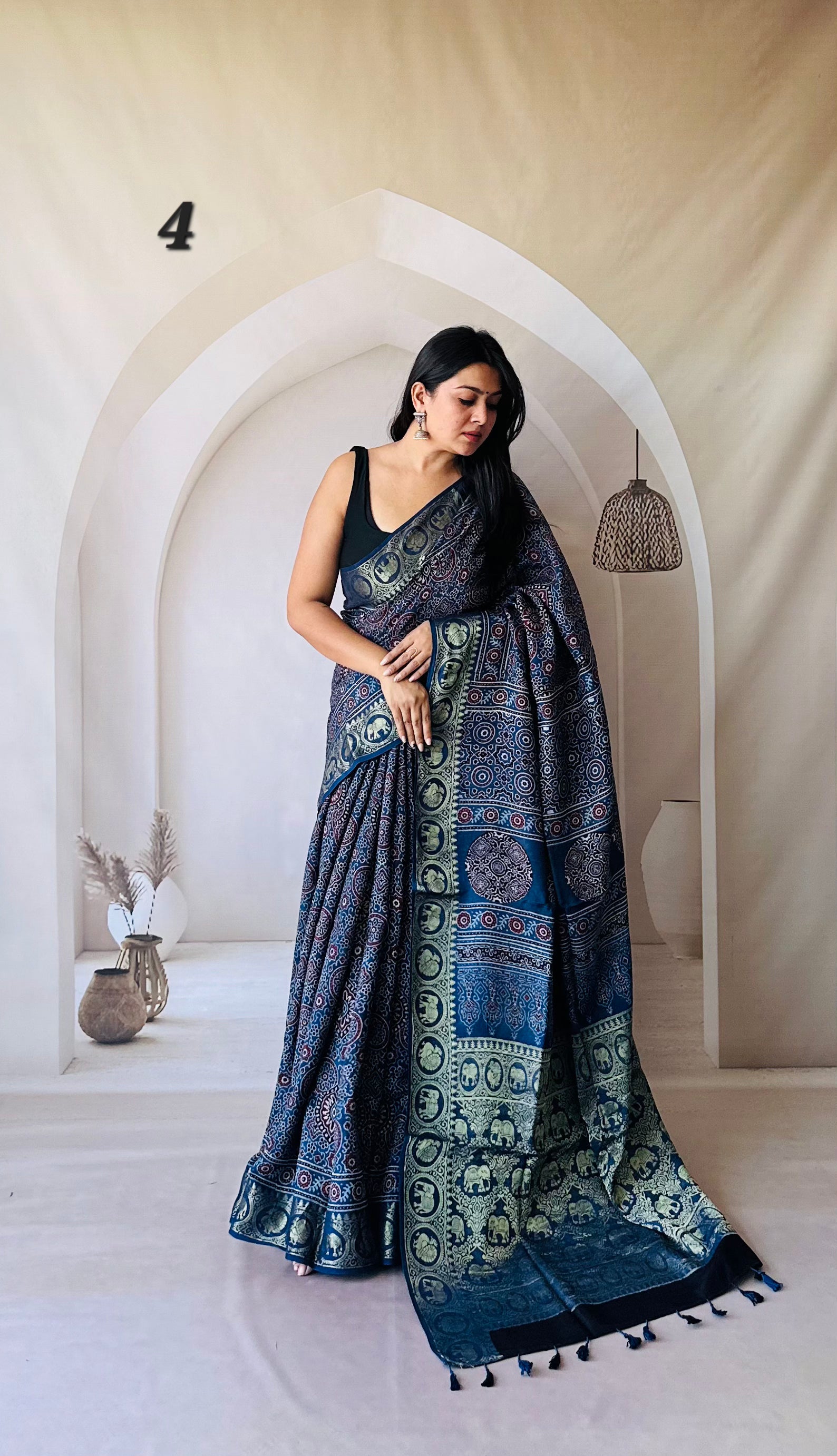 Elephant Ajarakh Nakshi Jari Saree