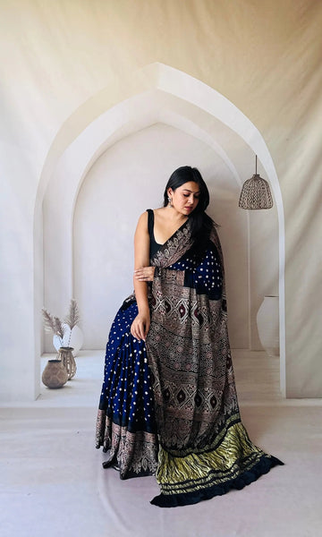 Blue Ajarakh Bandhani Tissue Modal Saree RAKHIYO